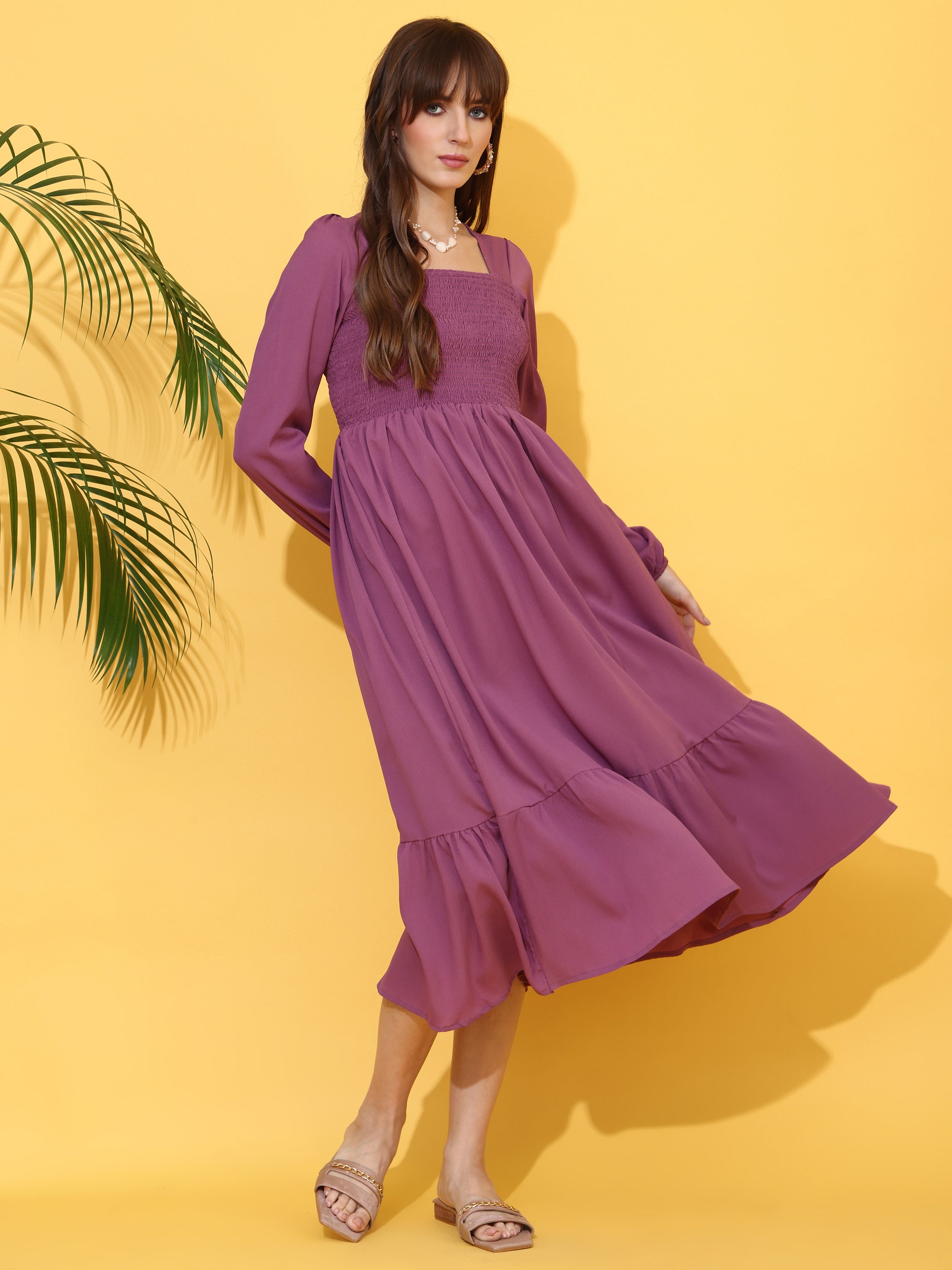 Purple Fit And Flare Maxi Dress With Full Sleeves
