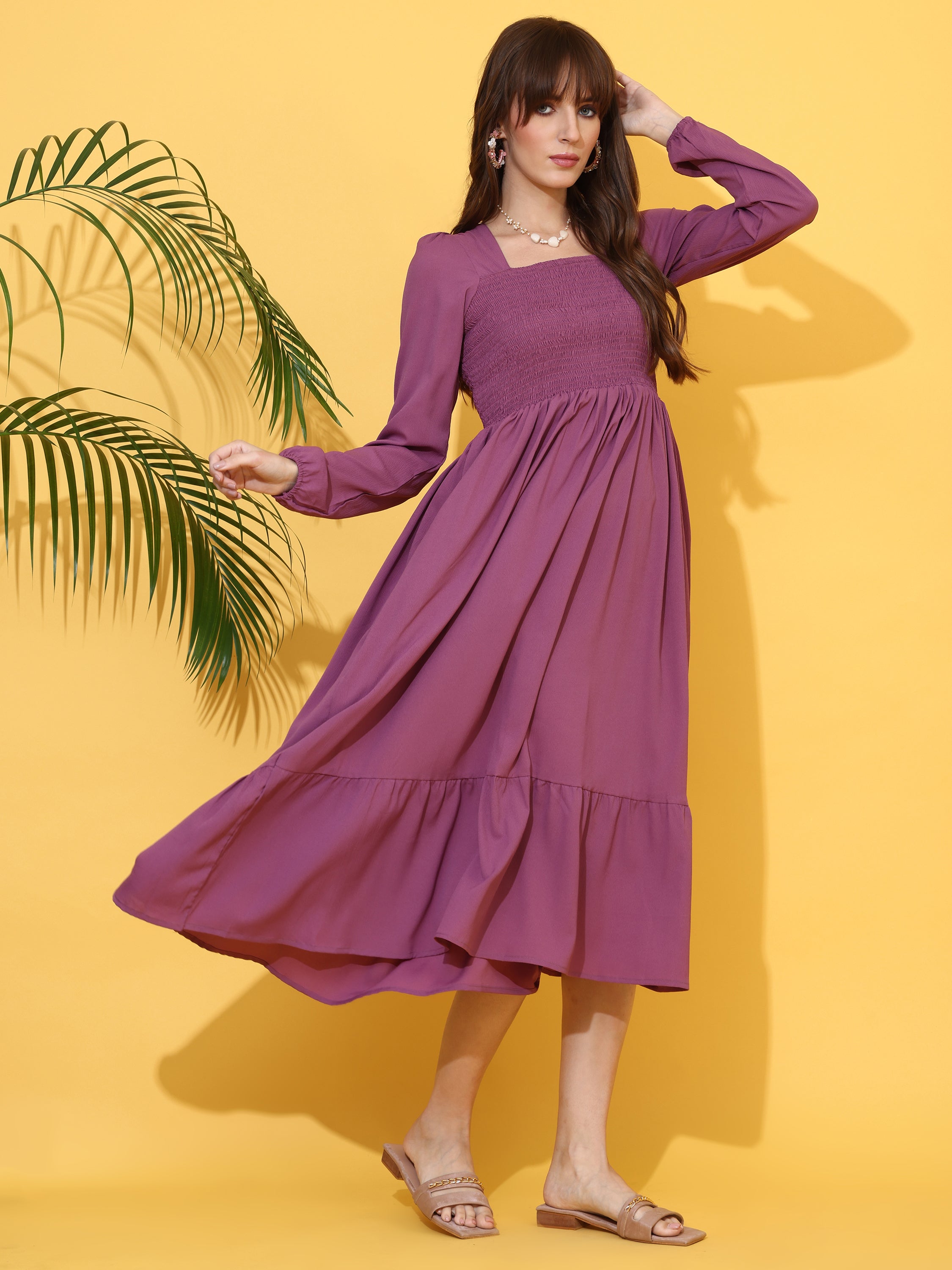 Purple Fit And Flare Maxi Dress With Full Sleeves