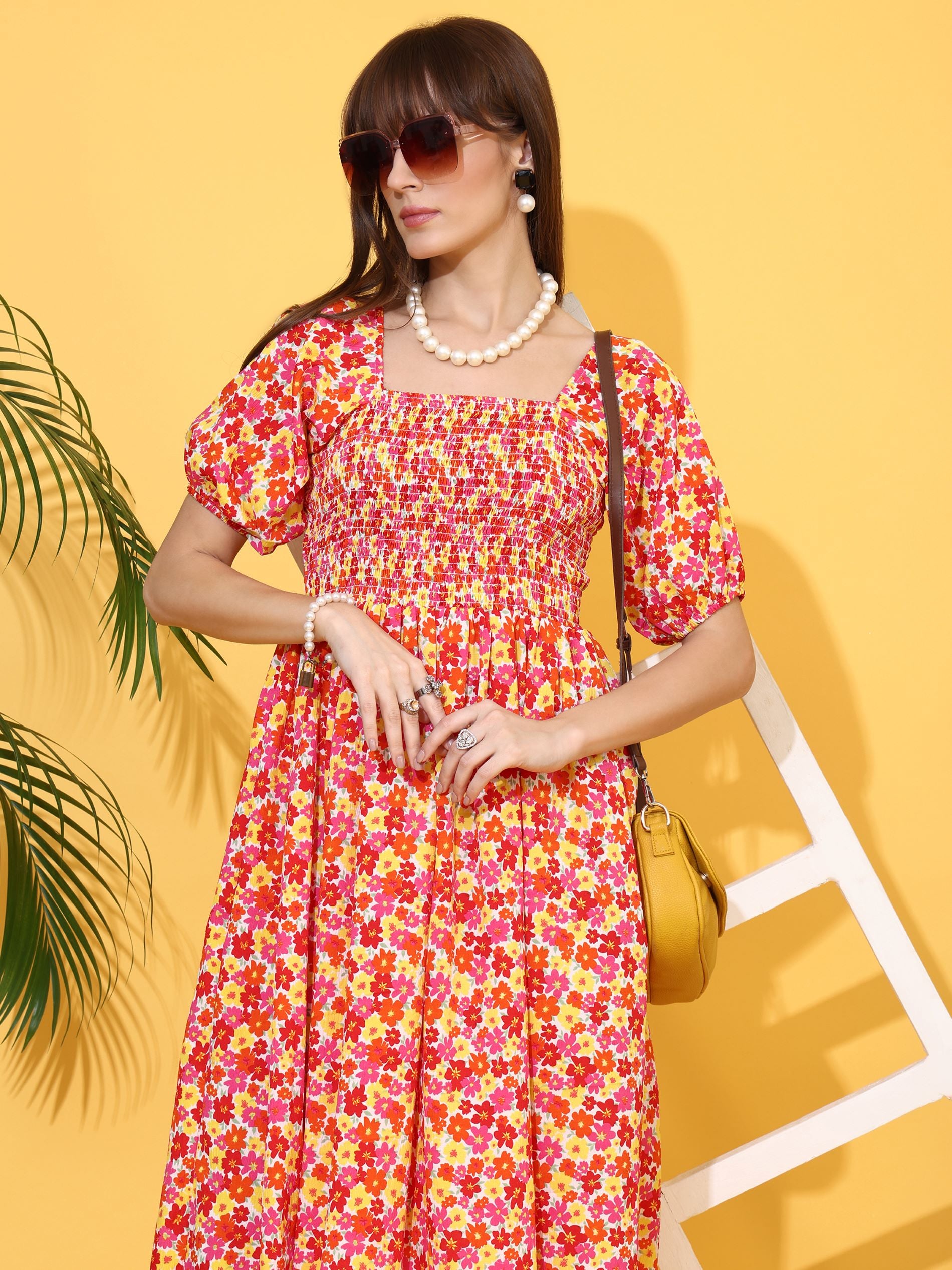 Orange Square Neck Fit & Flare Midi Dress