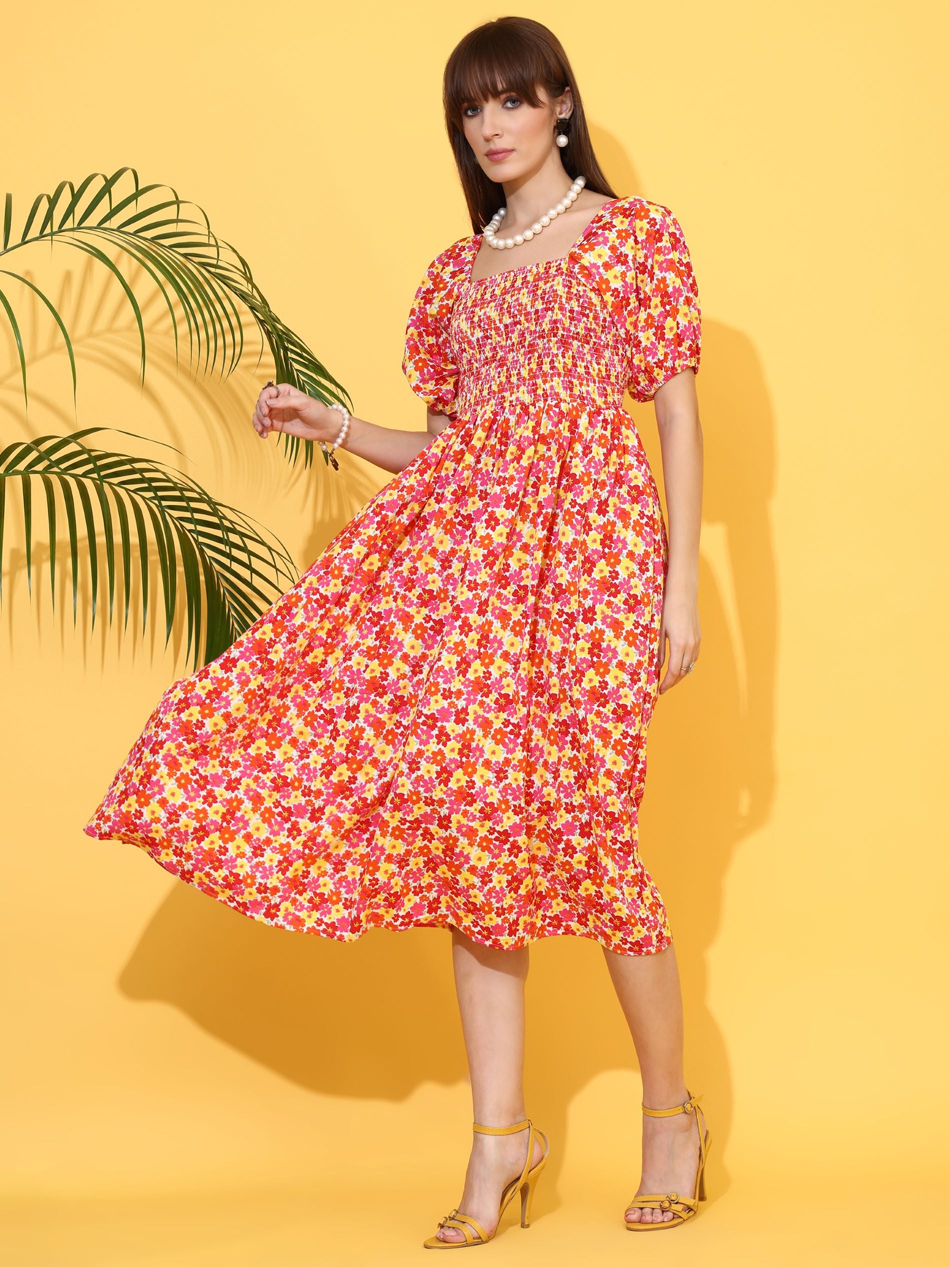 Orange Square Neck Fit & Flare Midi Dress