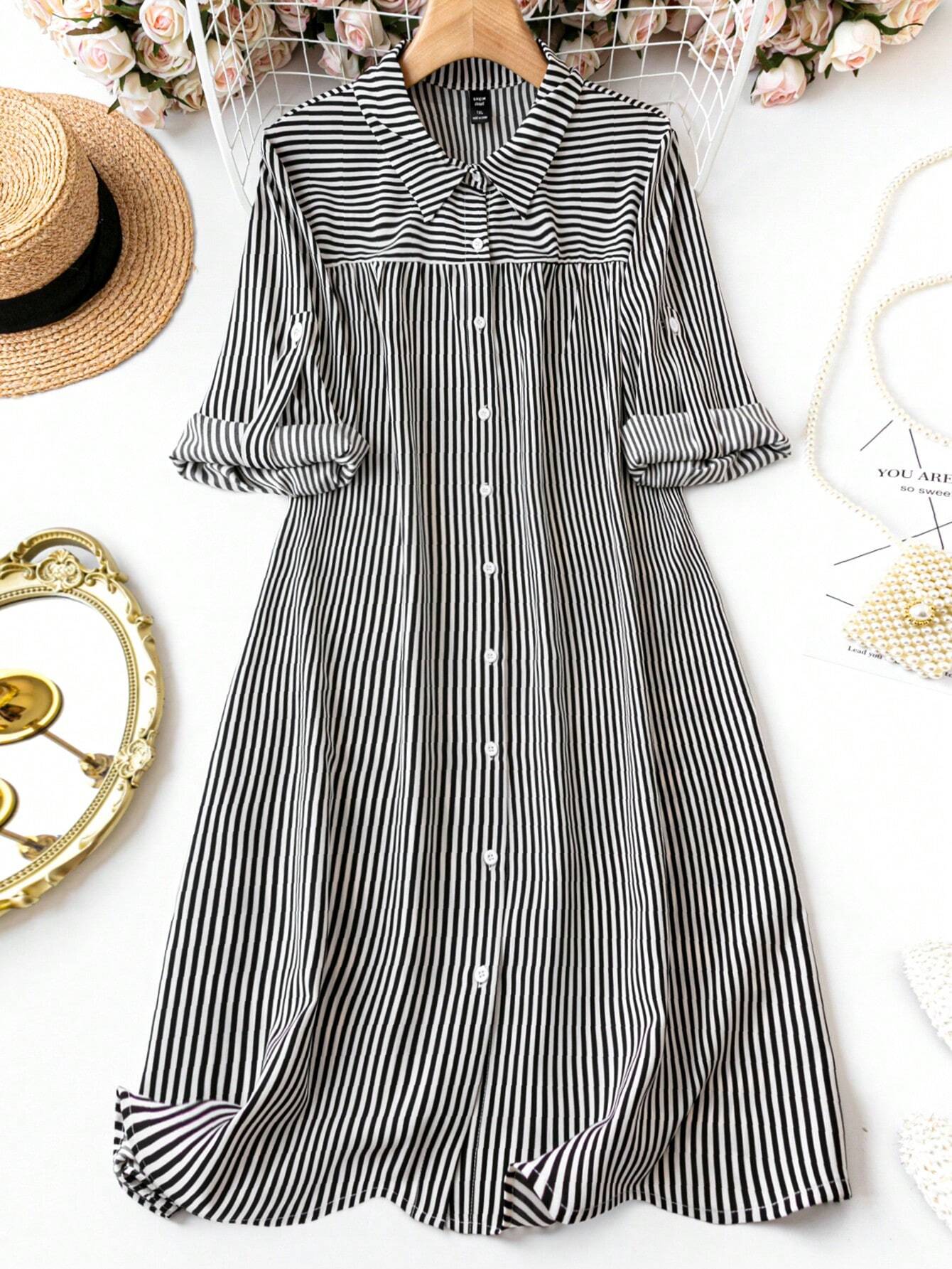 Off White Striped Printed Roll-Up Sleeve Calf-Length Dress