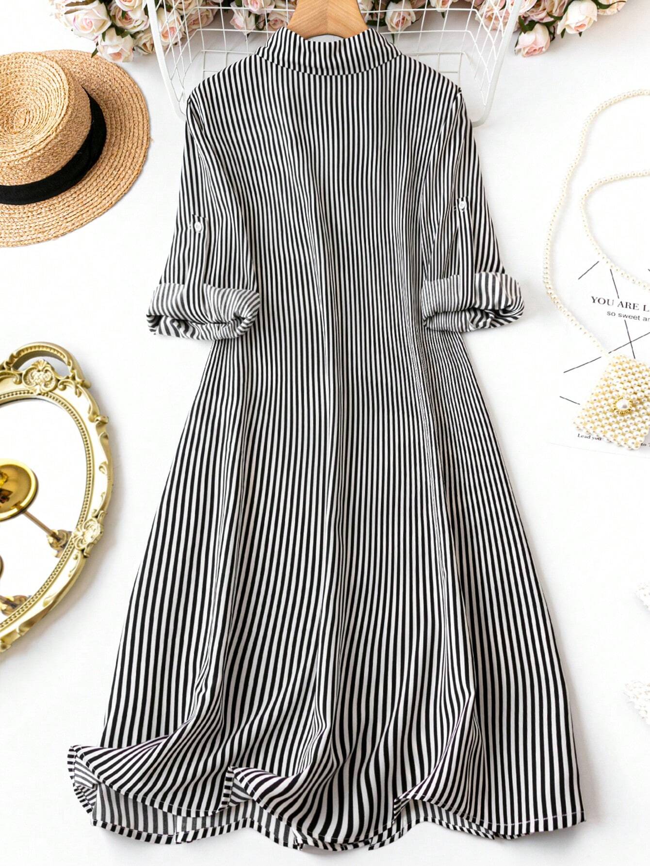 Off White Striped Printed Roll-Up Sleeve Calf-Length Dress