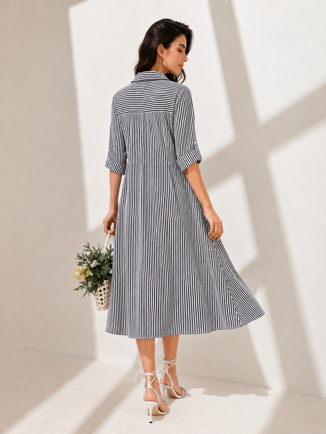Women’s Black & White Striped Shirt Style Midi Dress With 3/4 Roll-Up Sleeves
