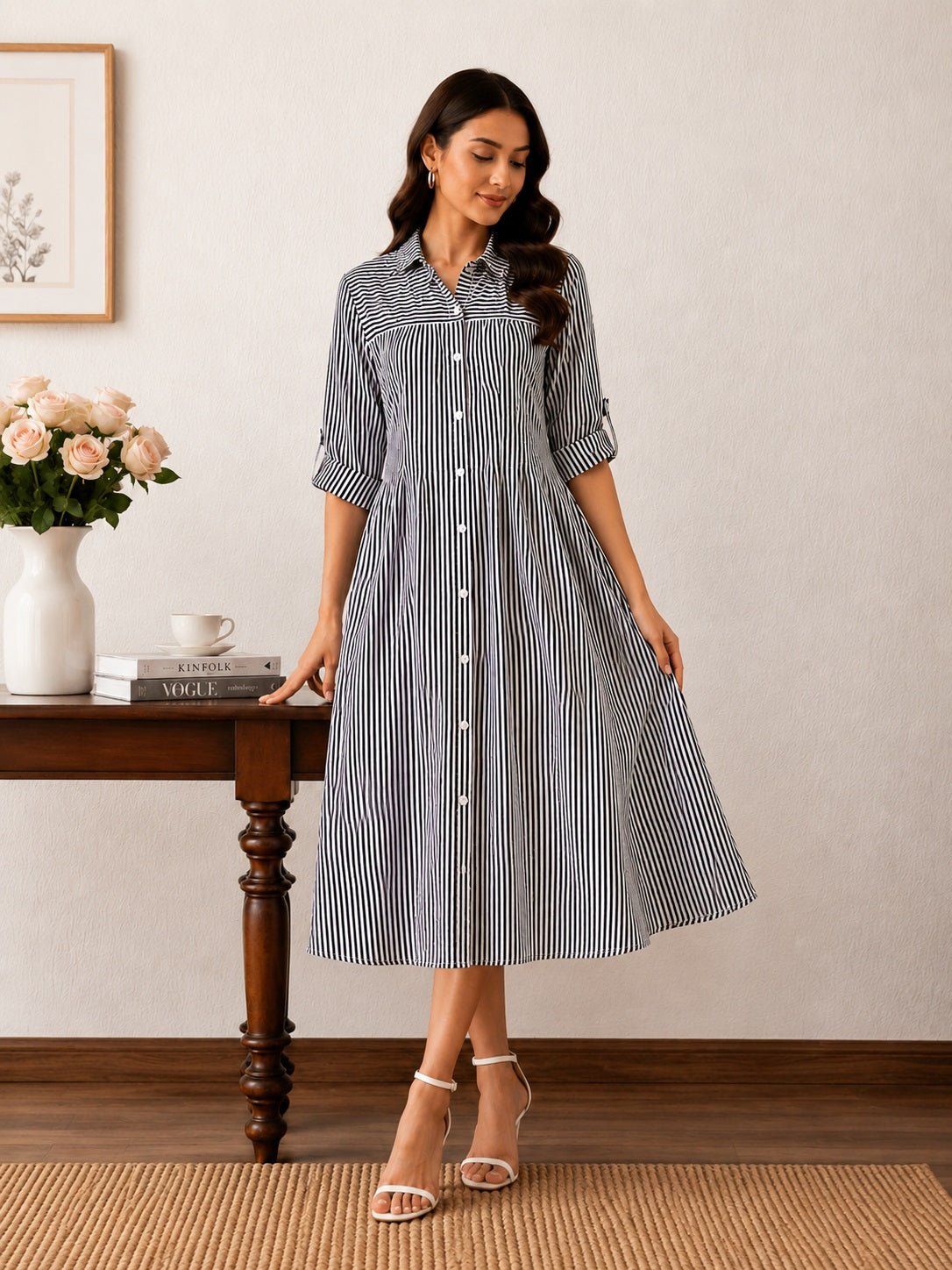 Women’s Black & White Striped Shirt Style Midi Dress With 3/4 Roll-Up Sleeves