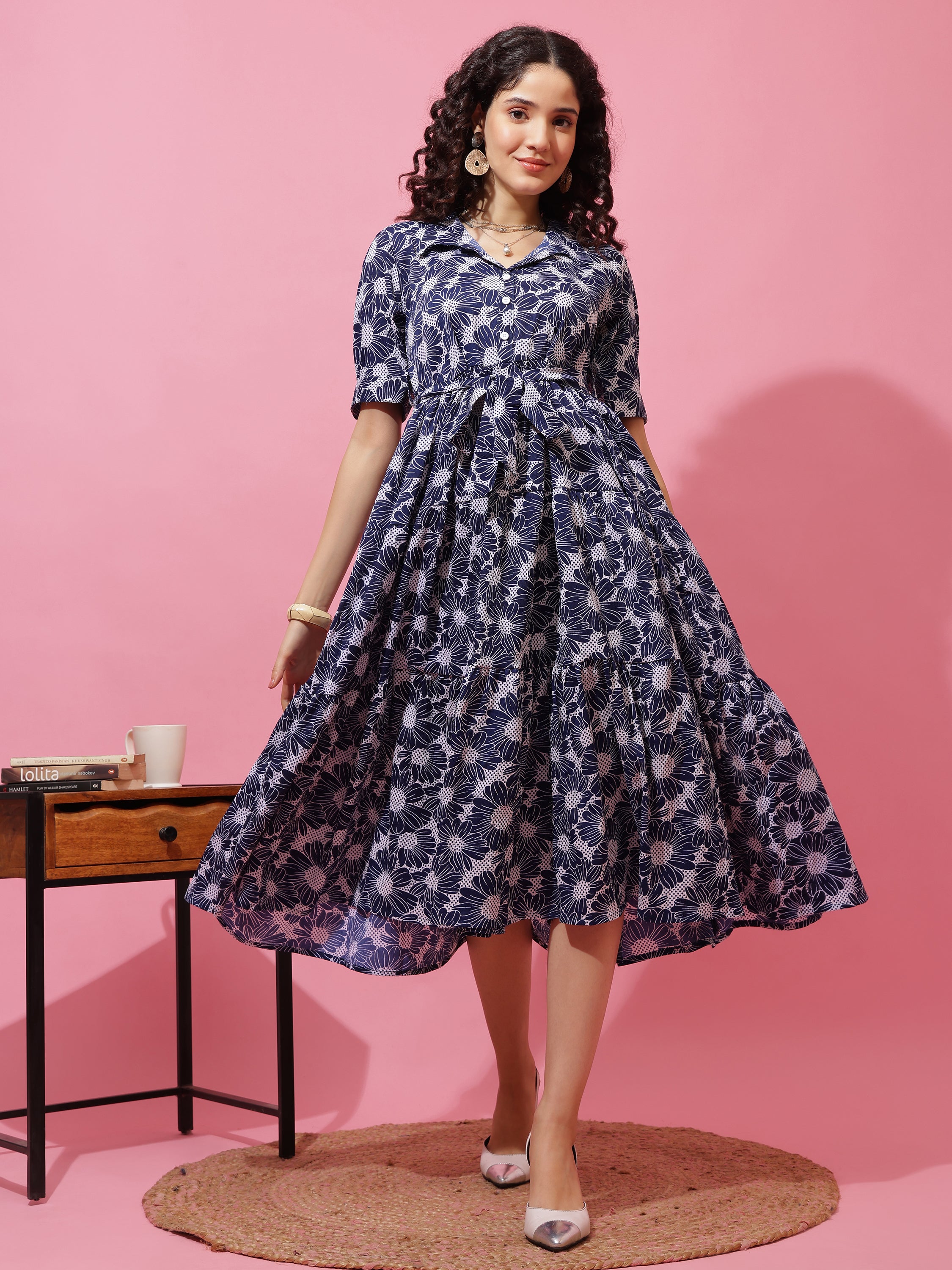 Women Printed Shirt Collar Fit and Flare Midi Dress