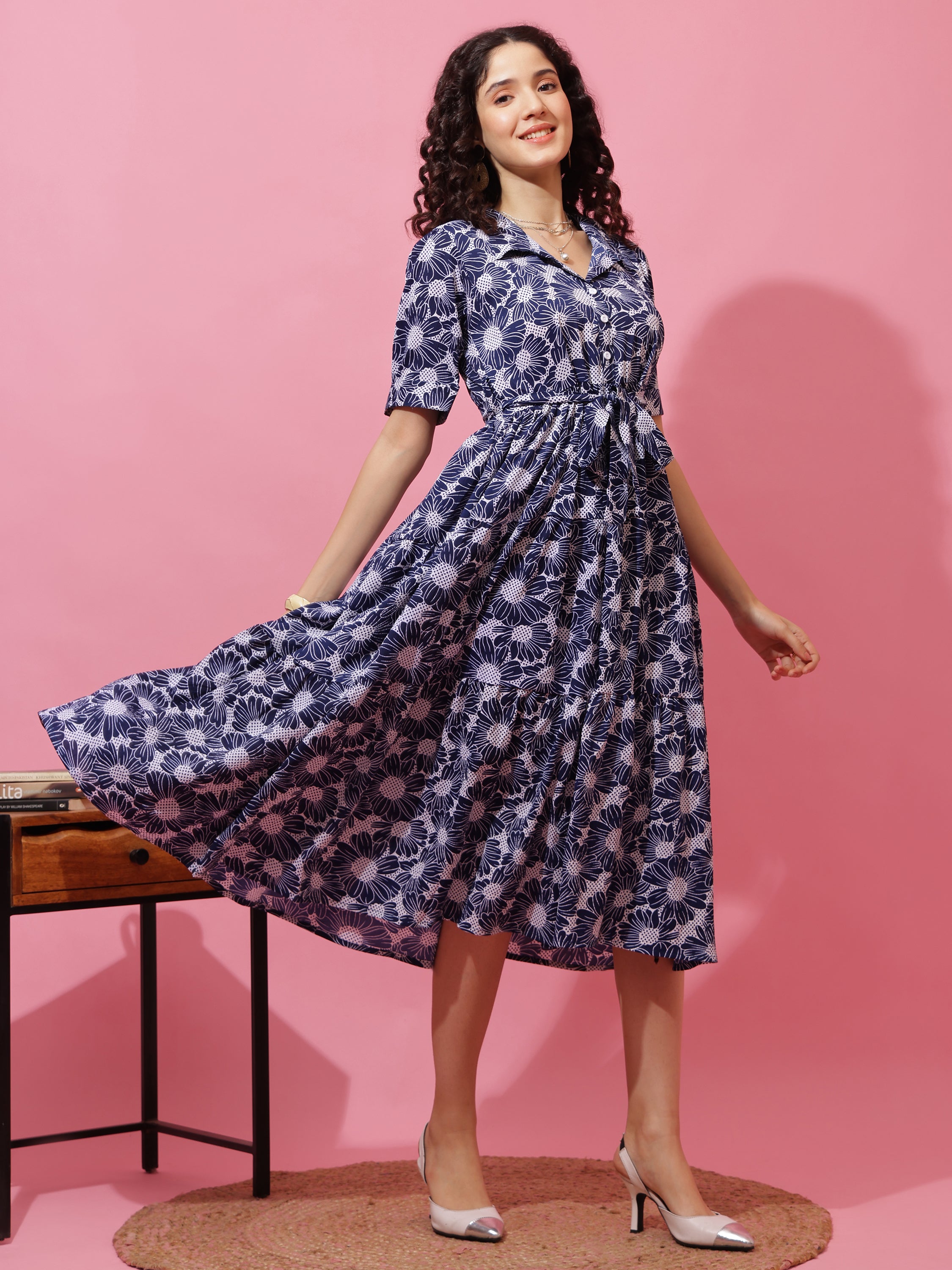 Women Printed Shirt Collar Fit and Flare Midi Dress