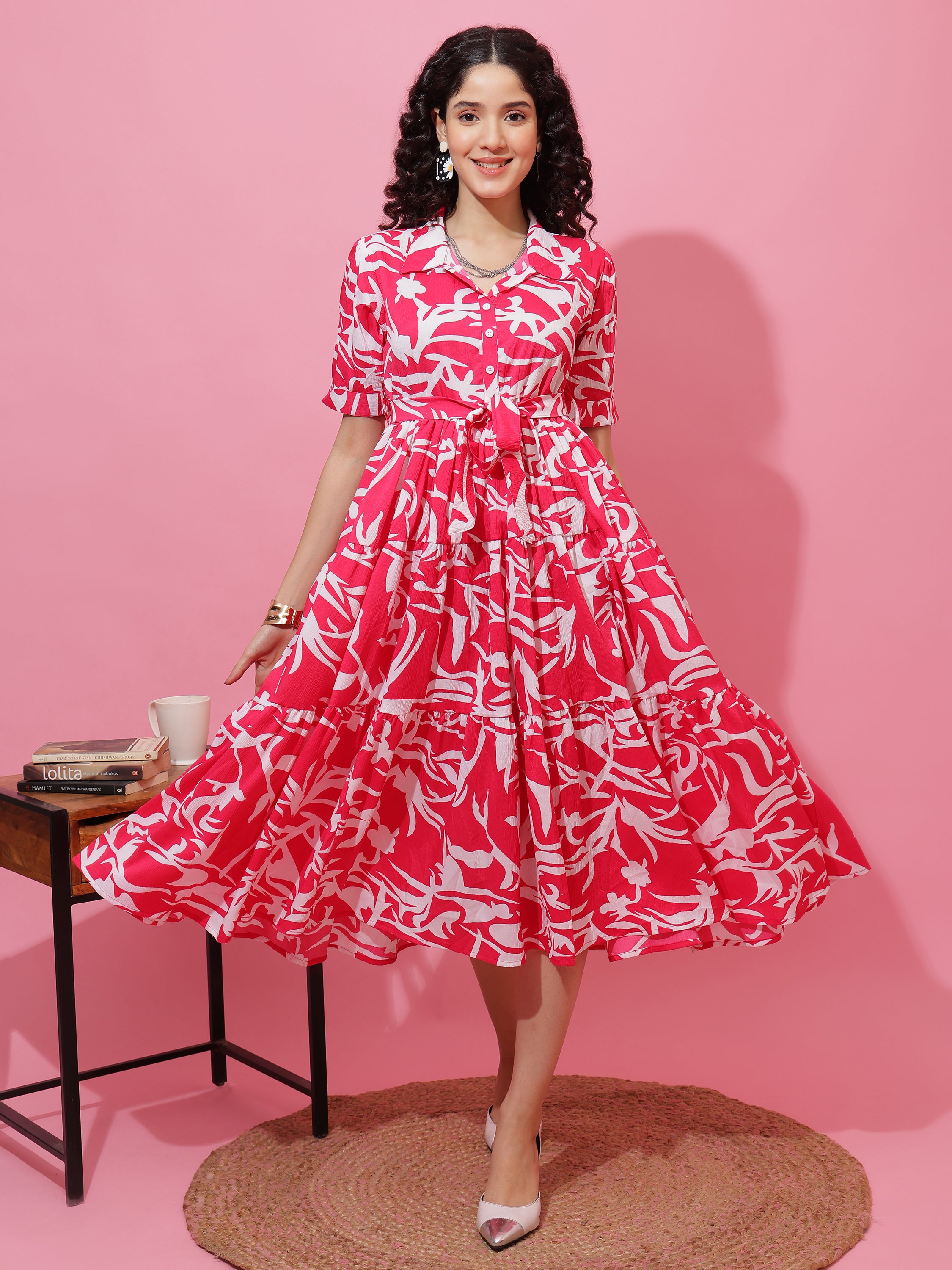 Women Printed Shirt Collar Fit and Flare Midi Dress