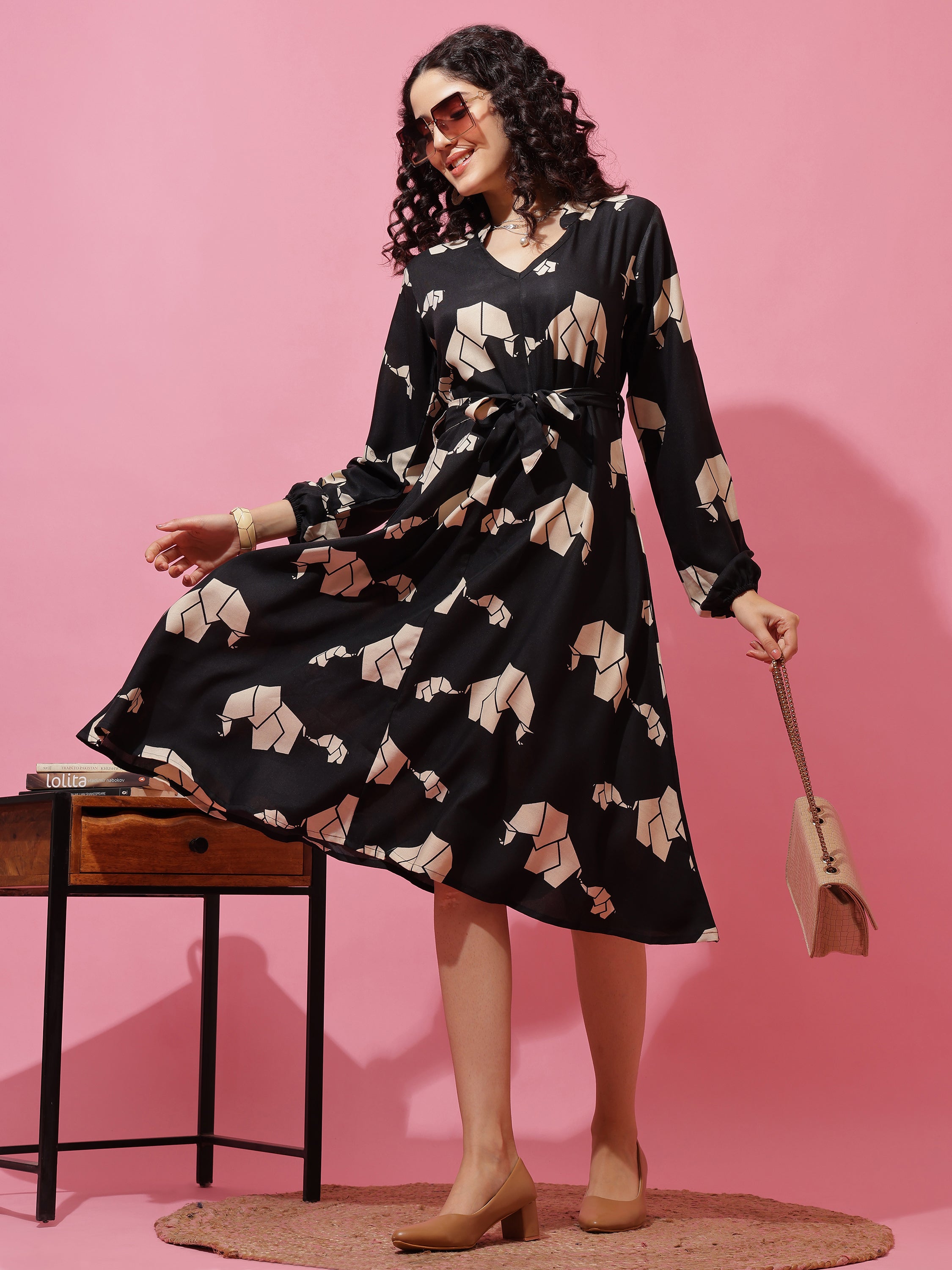 Black Elephant Printed Long Sleeve A-Line Calf Length Dress