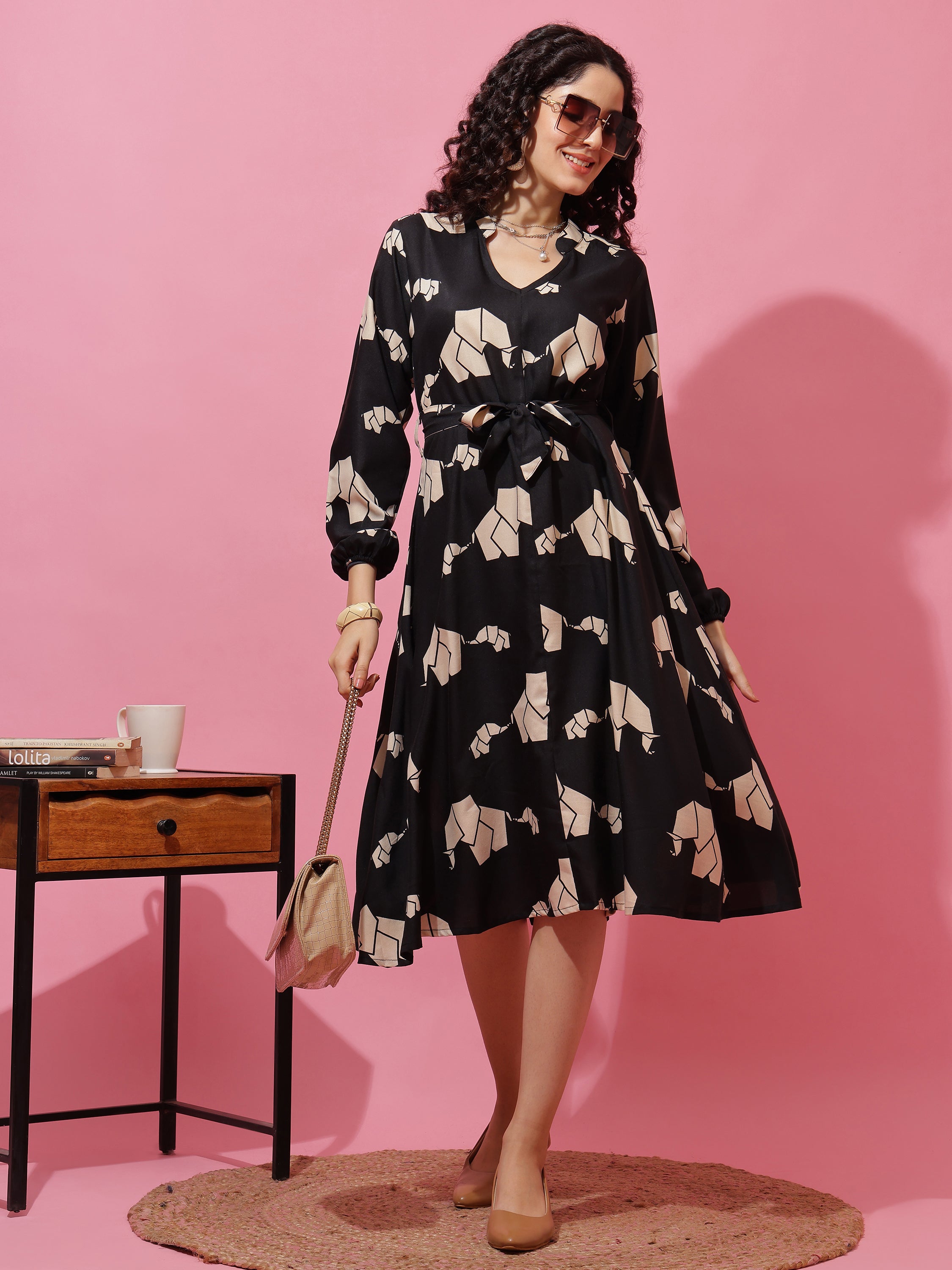 Black Elephant Printed Long Sleeve A-Line Calf Length Dress