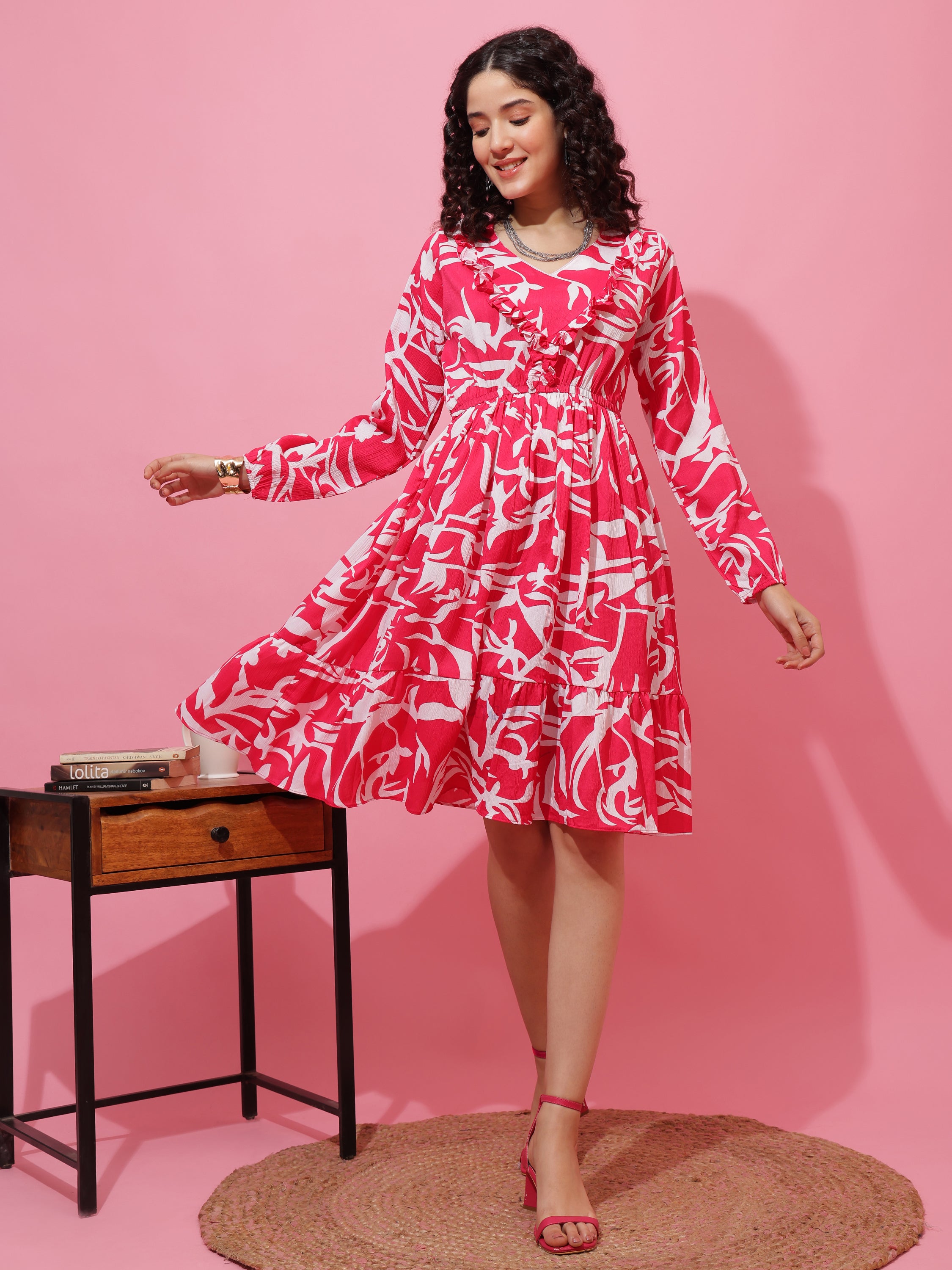 Pink Abstract Printed Puffed Sleeve A-Line Calf-Length Dress