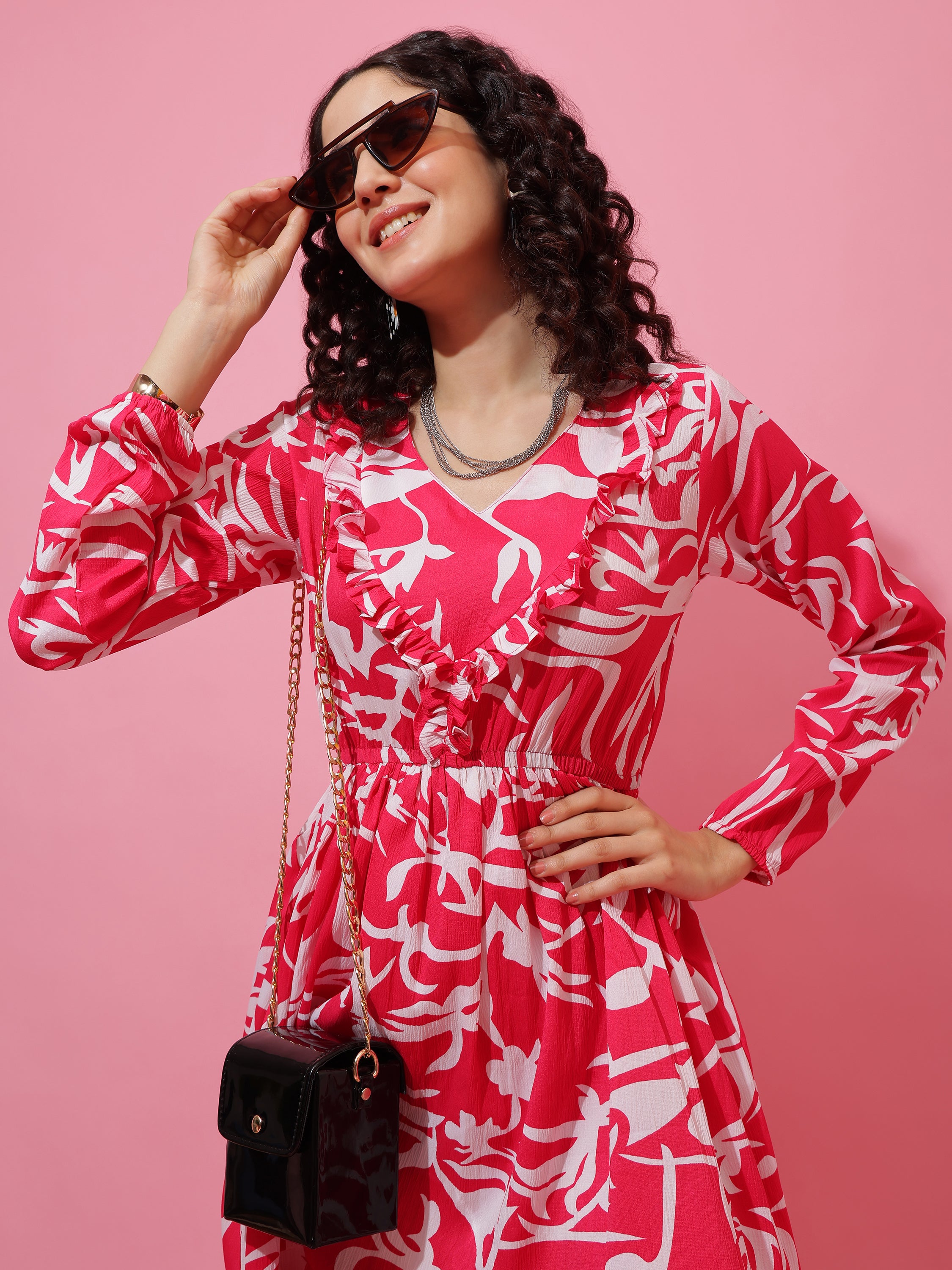 Pink Abstract Printed Puffed Sleeve A-Line Calf-Length Dress