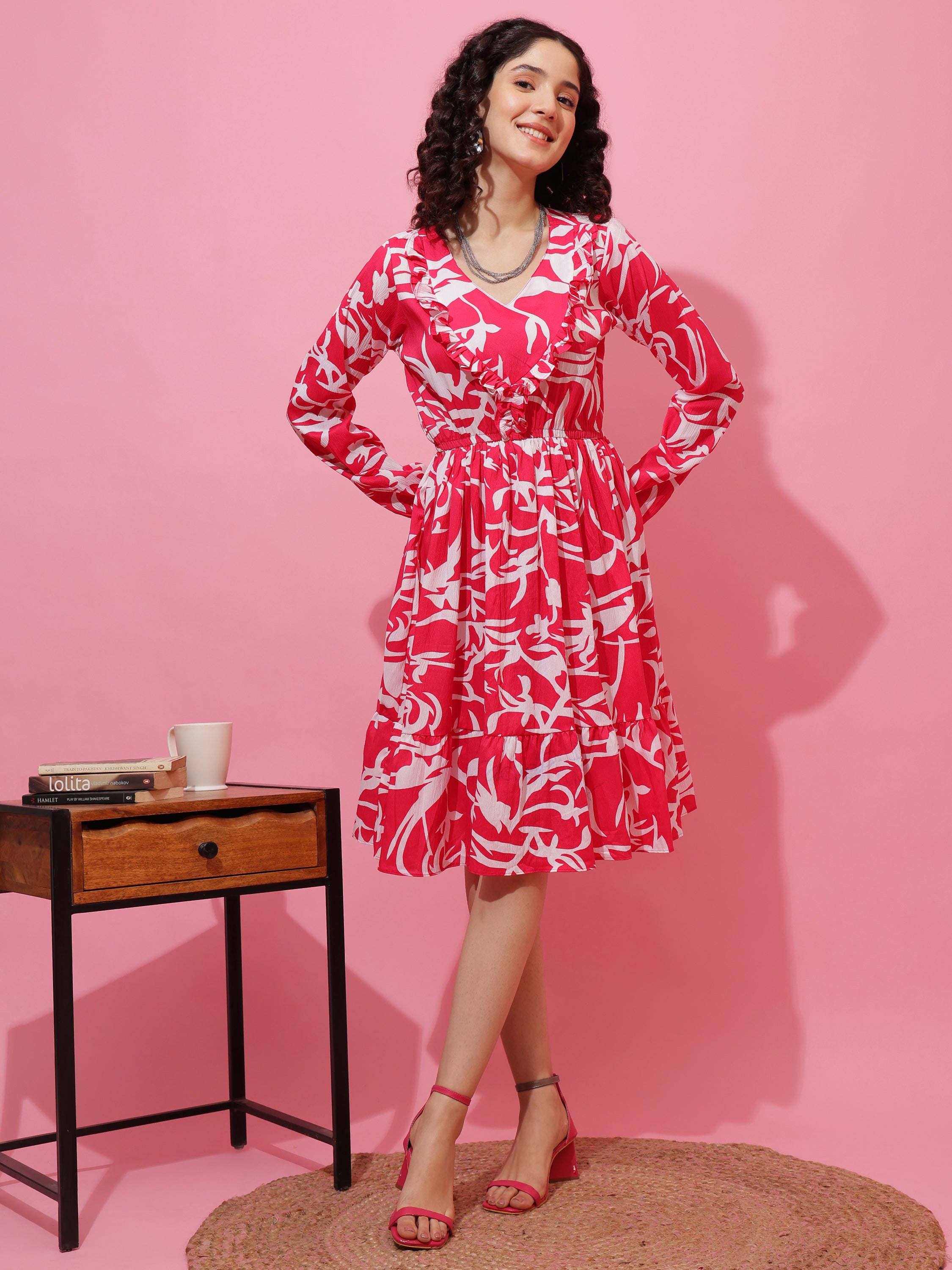 Pink Abstract Printed Puffed Sleeve A-Line Calf-Length Dress