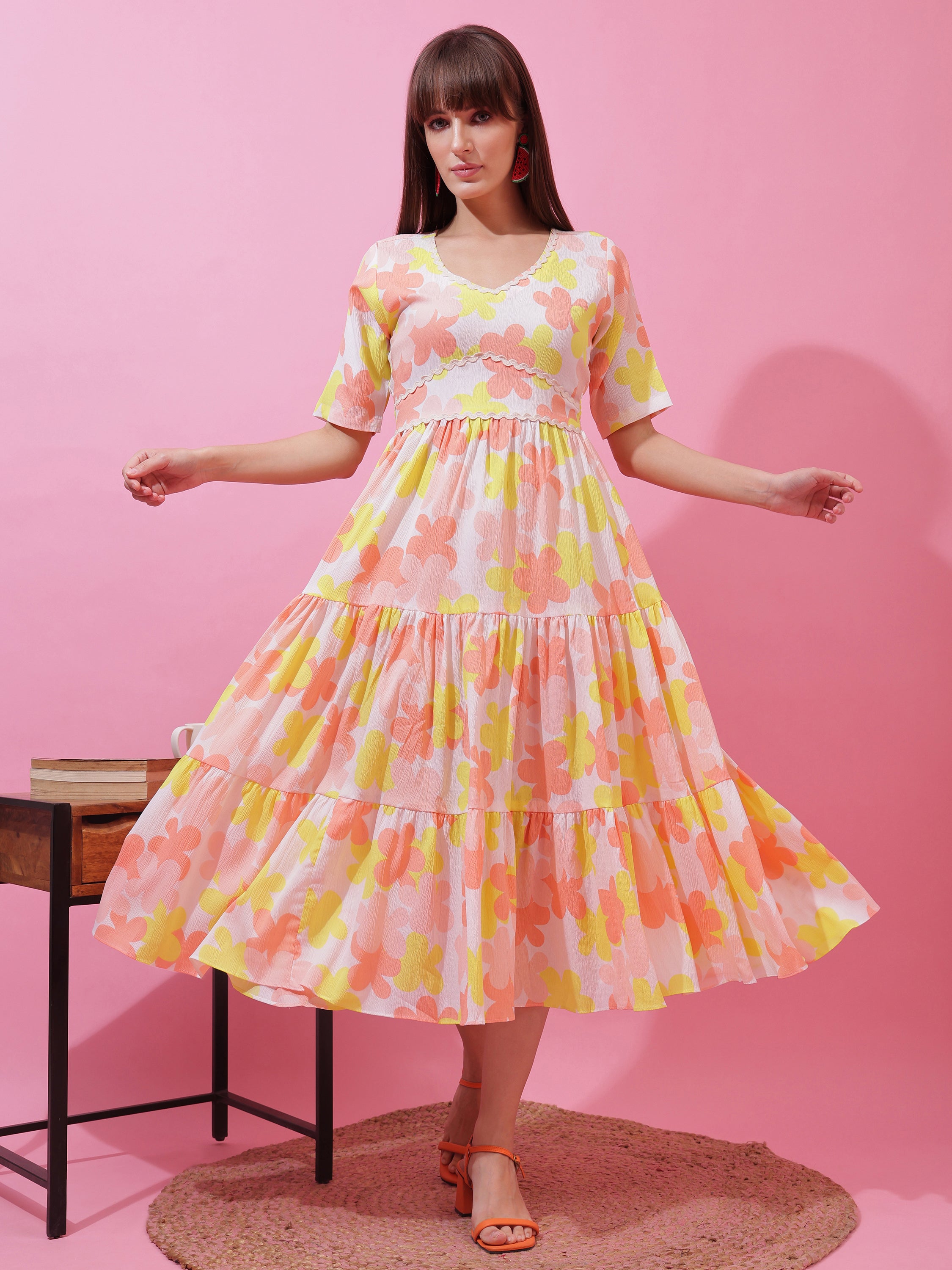 Elegant Yellow Floral Printed V-Neck Fit & Flare Midi Dress for Women