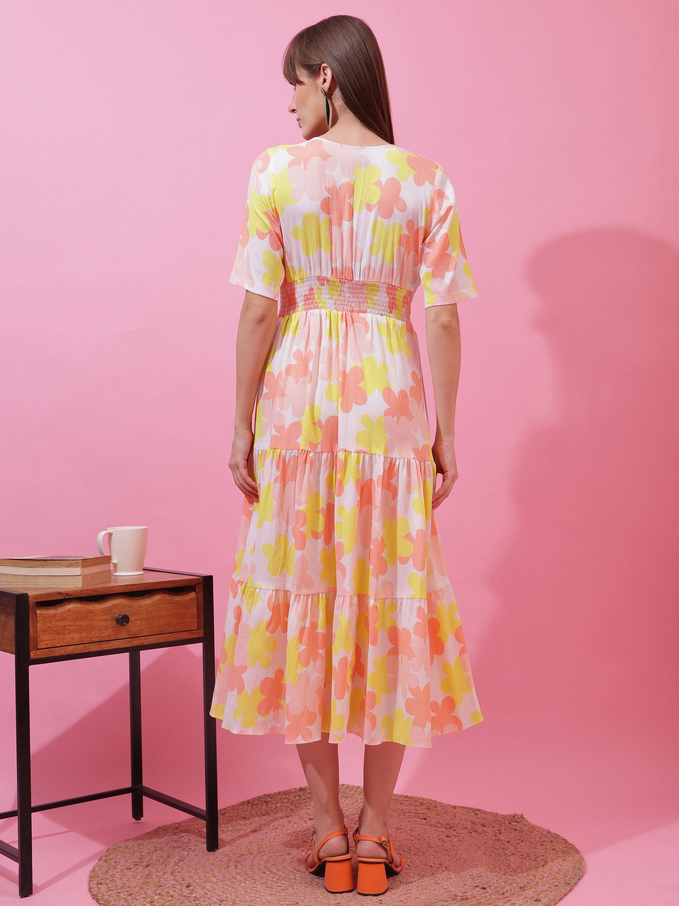 Elegant Yellow Floral Printed V-Neck Fit & Flare Midi Dress for Women