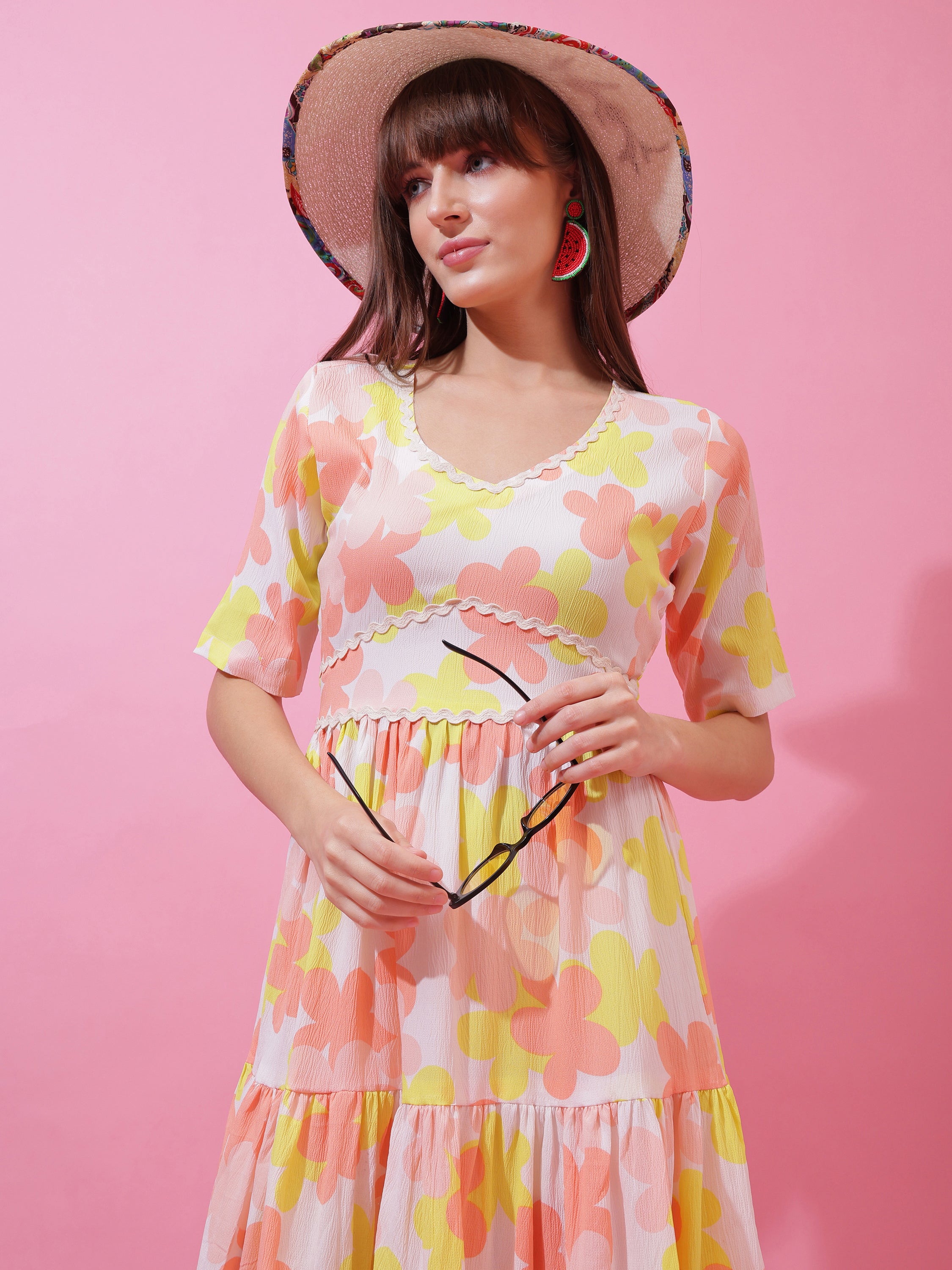 Elegant Yellow Floral Printed V-Neck Fit & Flare Midi Dress for Women