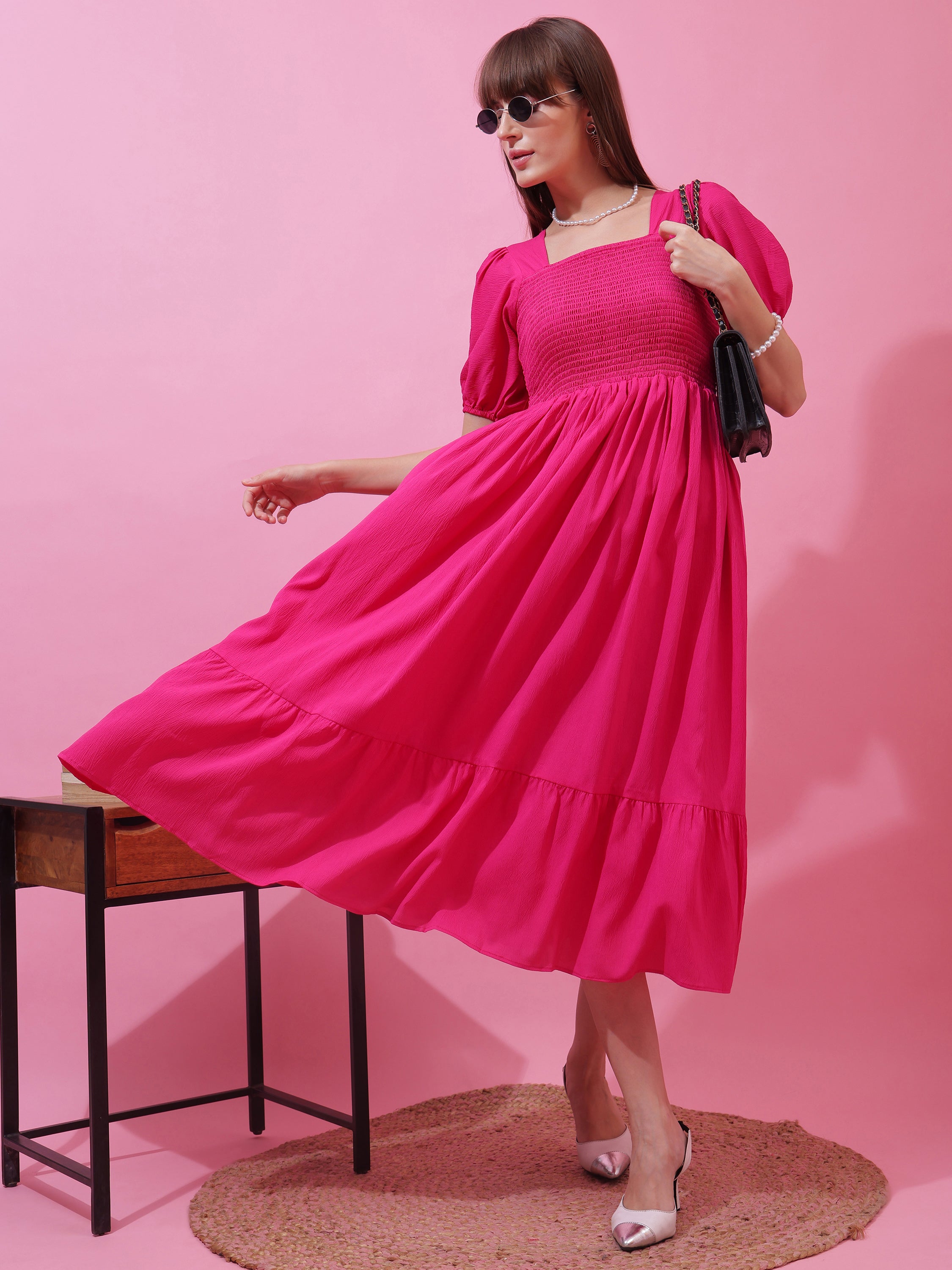 Women’s Solid Pink Smocked Fit & Flare Puff Sleeve Midi Dress