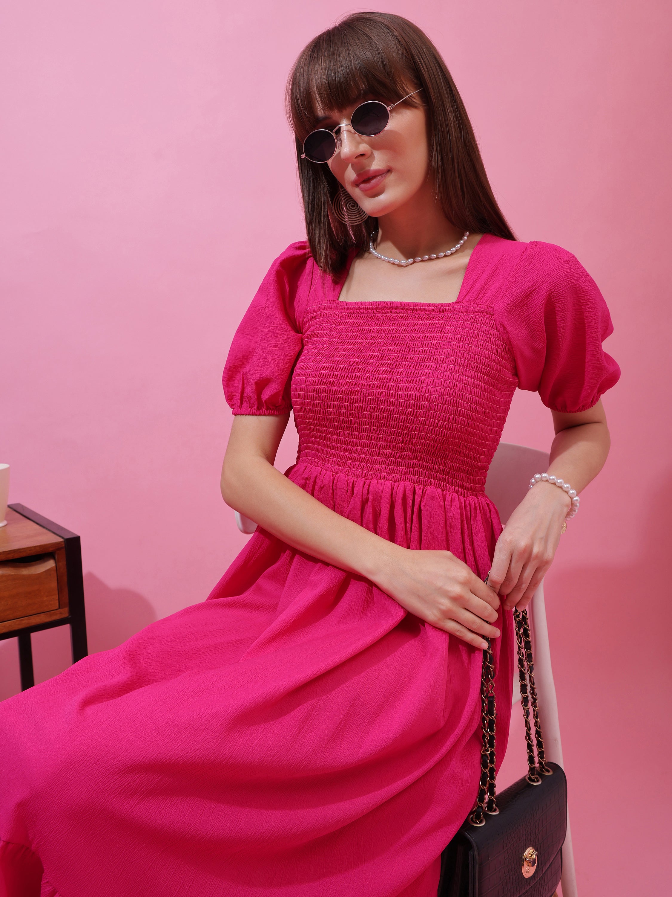 Women’s Solid Pink Smocked Fit & Flare Puff Sleeve Midi Dress