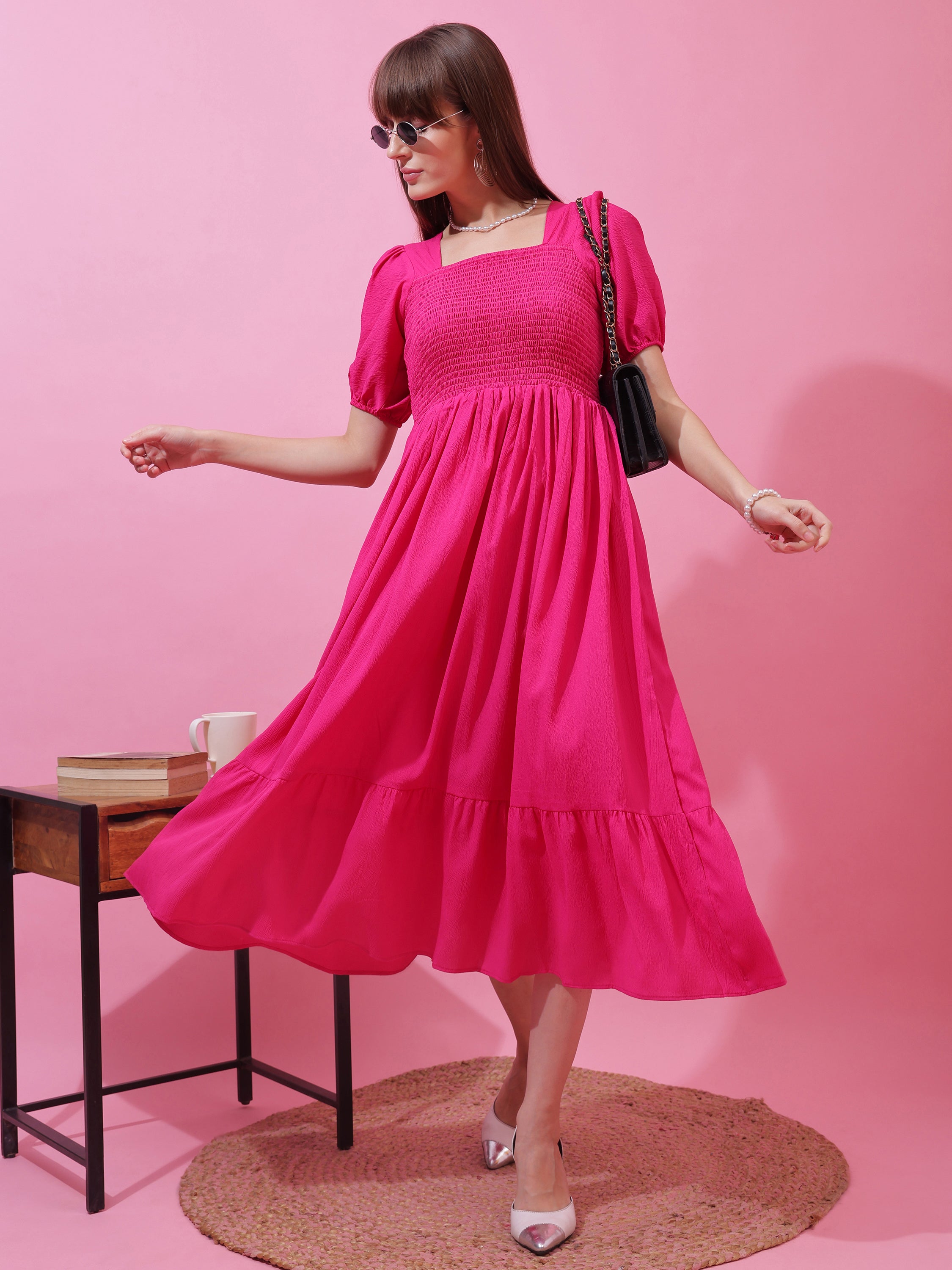 Women’s Solid Pink Smocked Fit & Flare Puff Sleeve Midi Dress