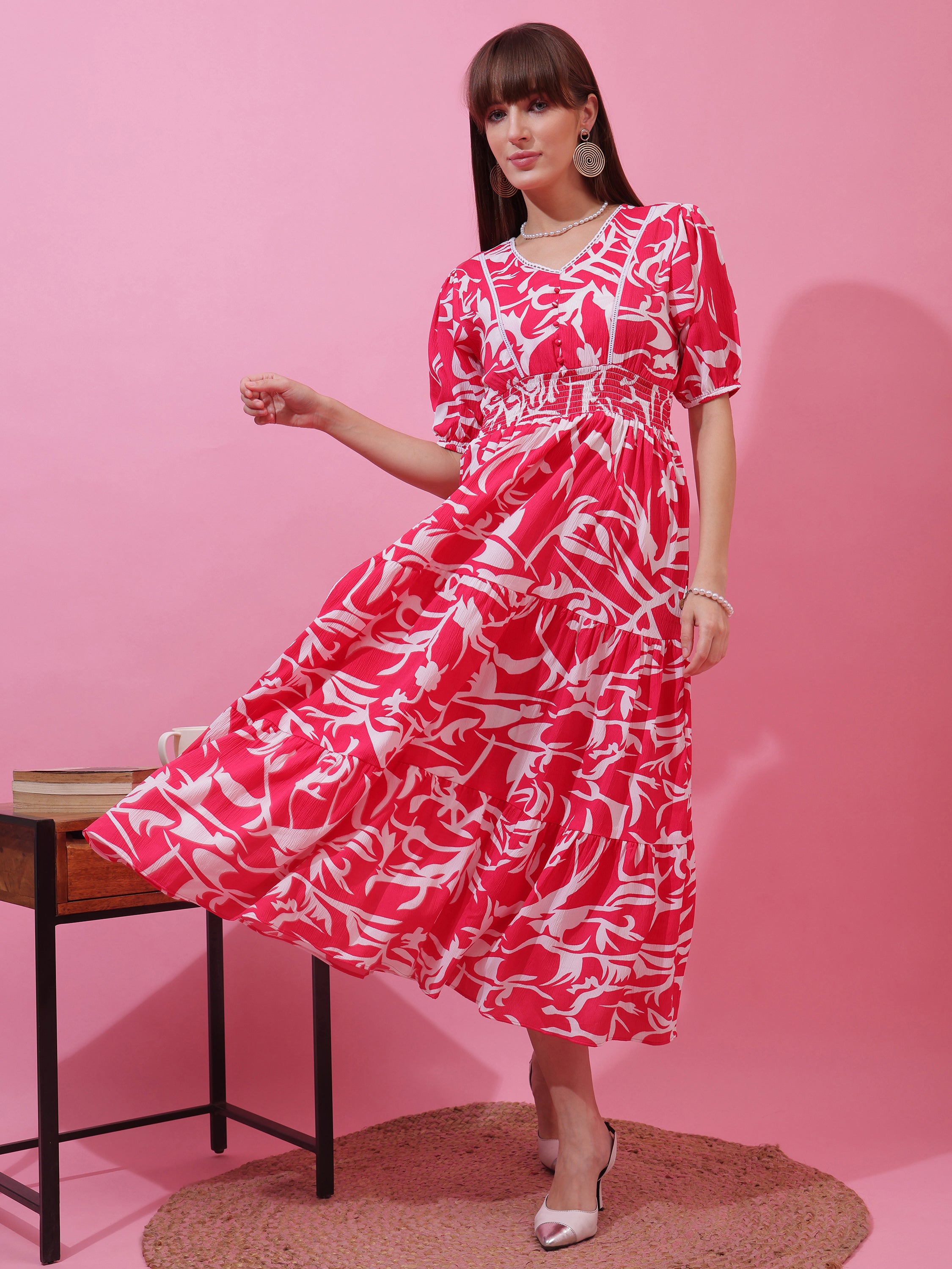 Women’s Pink & White Abstract Printed V-Neck Fit & Flare Midi Dress with Puff Sleeves