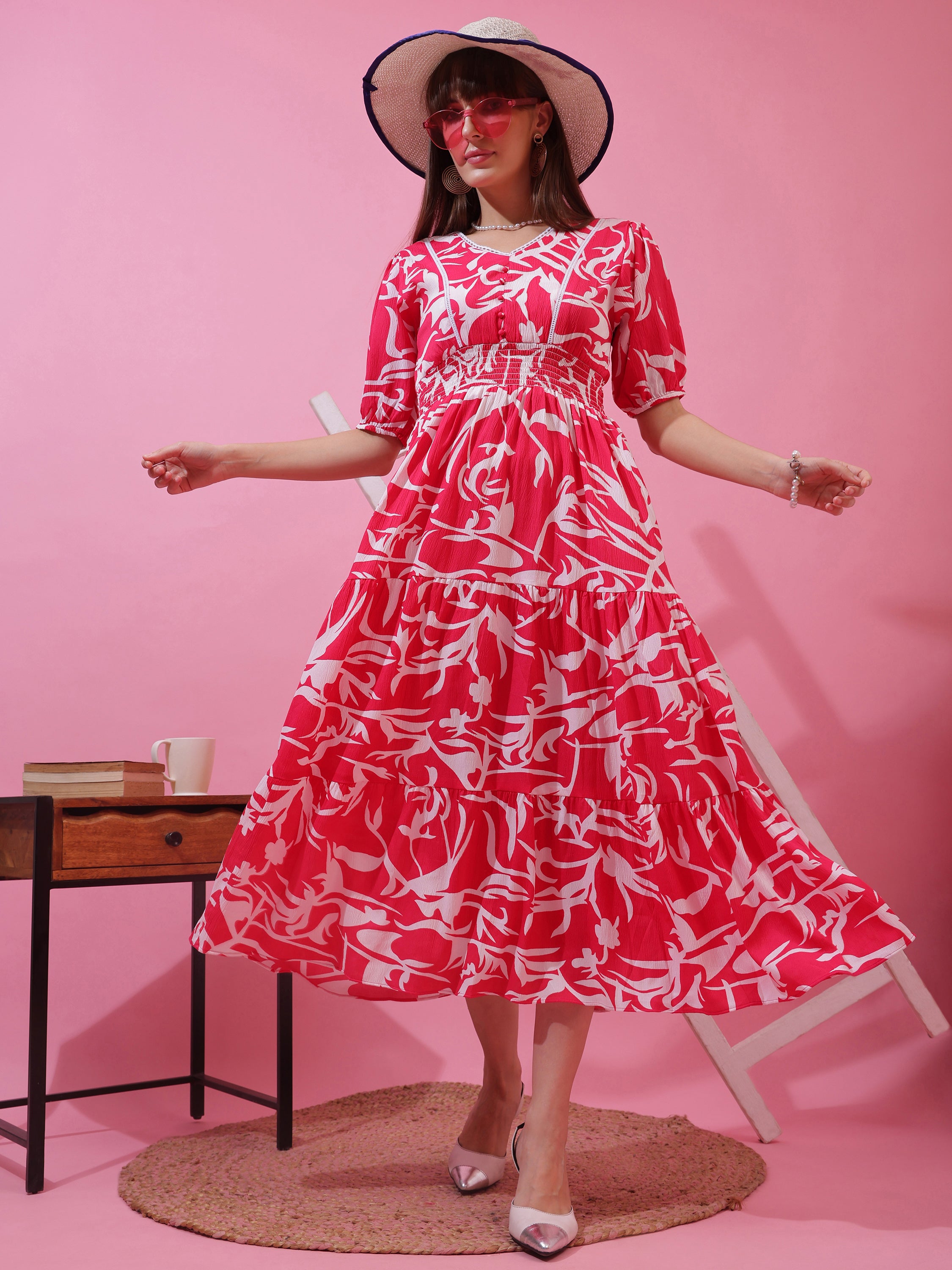 Women’s Pink & White Abstract Printed V-Neck Fit & Flare Midi Dress with Puff Sleeves