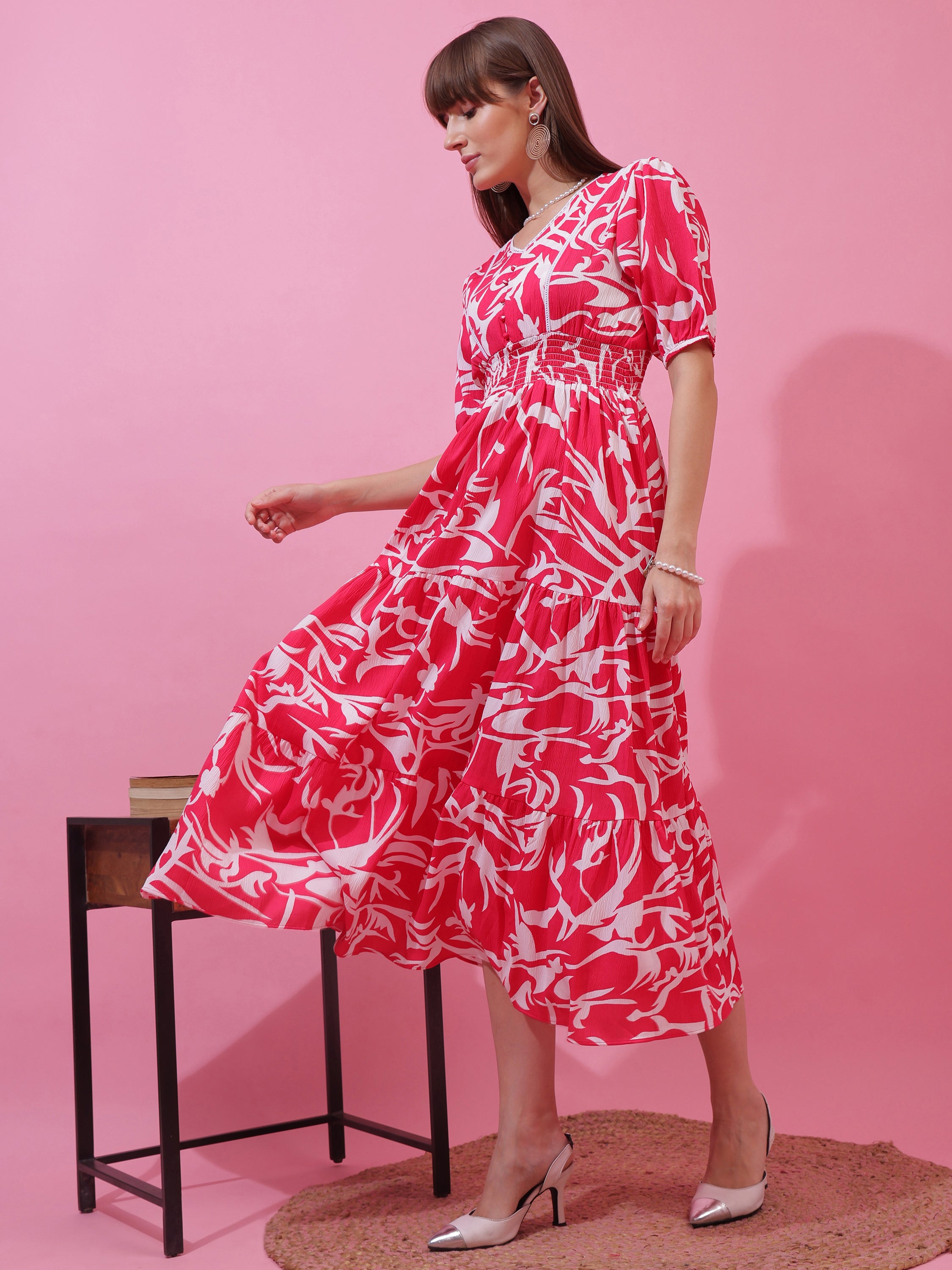 Women’s Pink & White Abstract Printed V-Neck Fit & Flare Midi Dress with Puff Sleeves