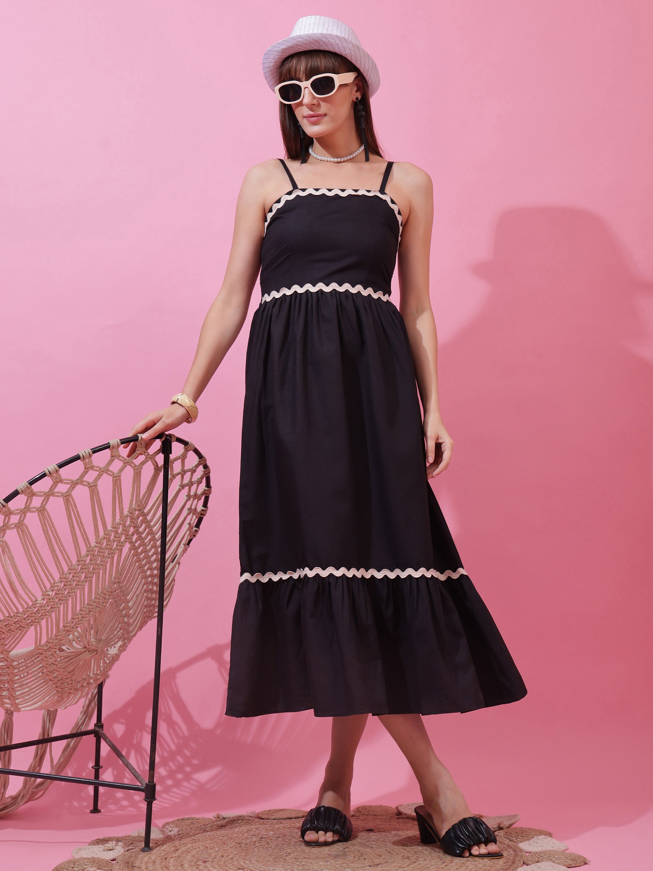 Women’s Solid Black Strappy Fit & Flare Maxi Dress with Lace Insert
