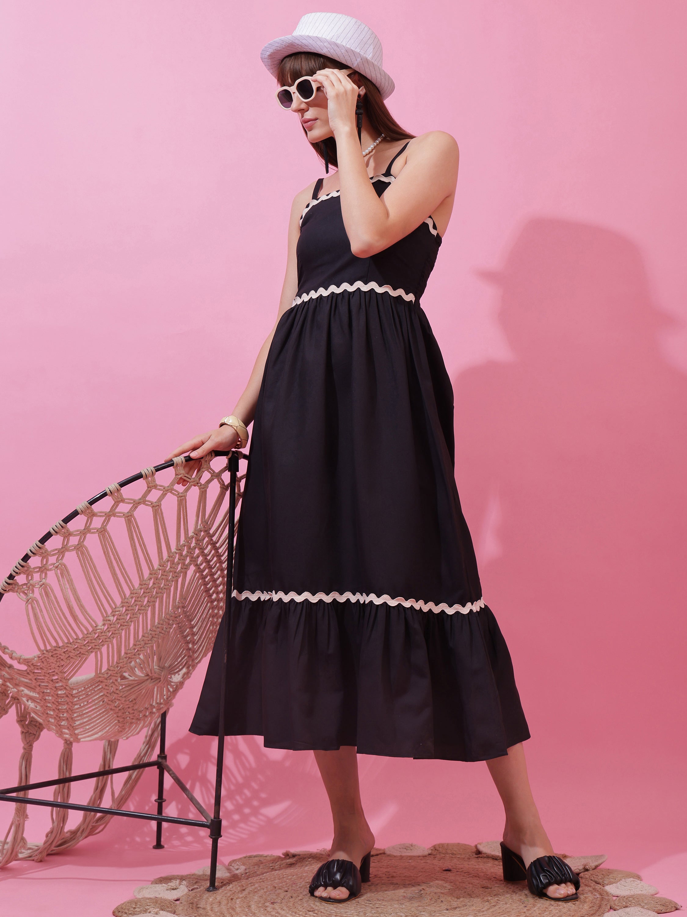 Women’s Solid Black Strappy Fit & Flare Maxi Dress with Lace Insert