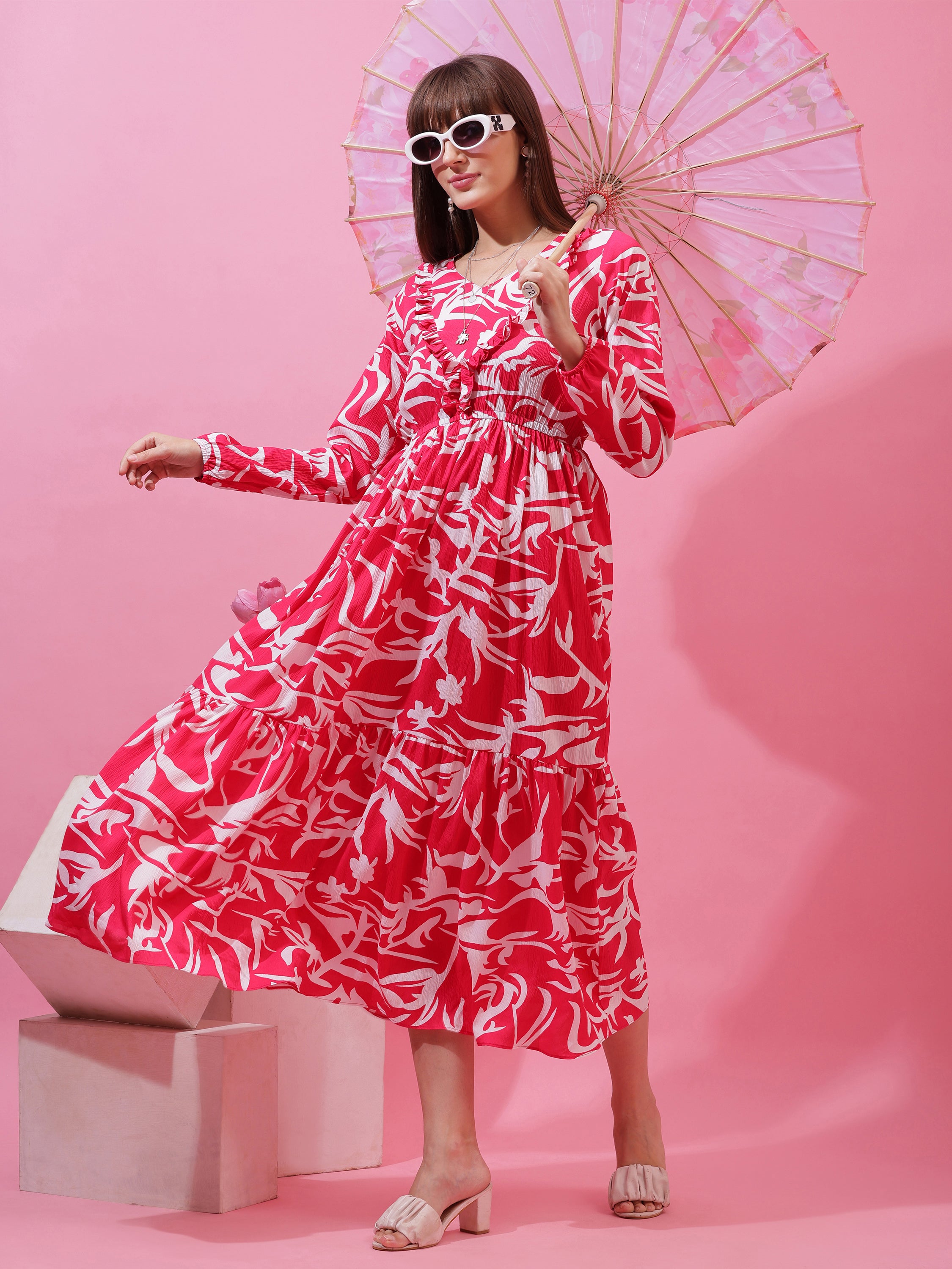 Women’s Pink & White Abstract Printed Tiered Maxi Dress with Long Sleeves