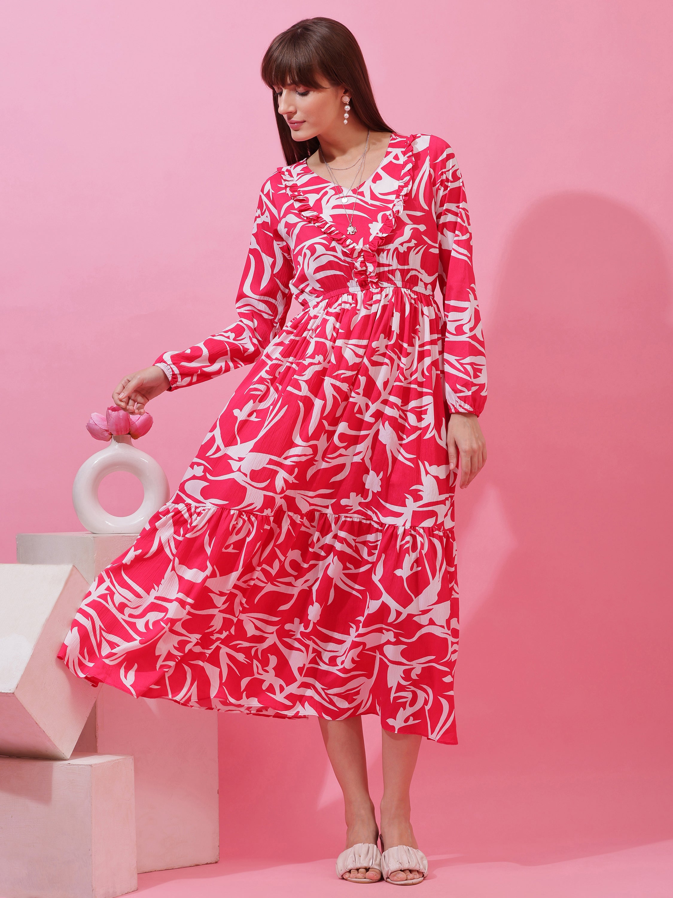 Women’s Pink & White Abstract Printed Tiered Maxi Dress with Long Sleeves