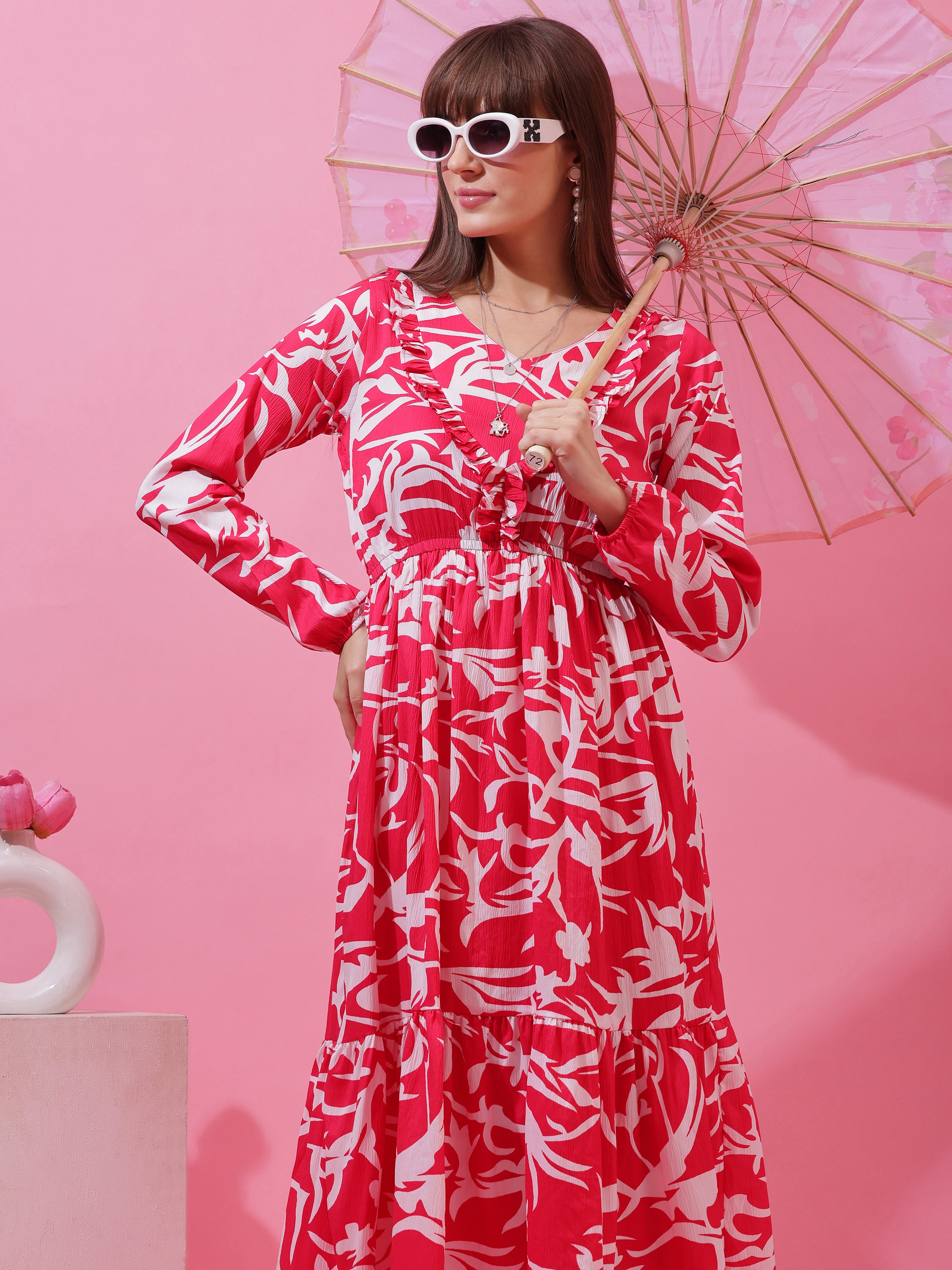 Women’s Pink & White Abstract Printed Tiered Maxi Dress with Long Sleeves