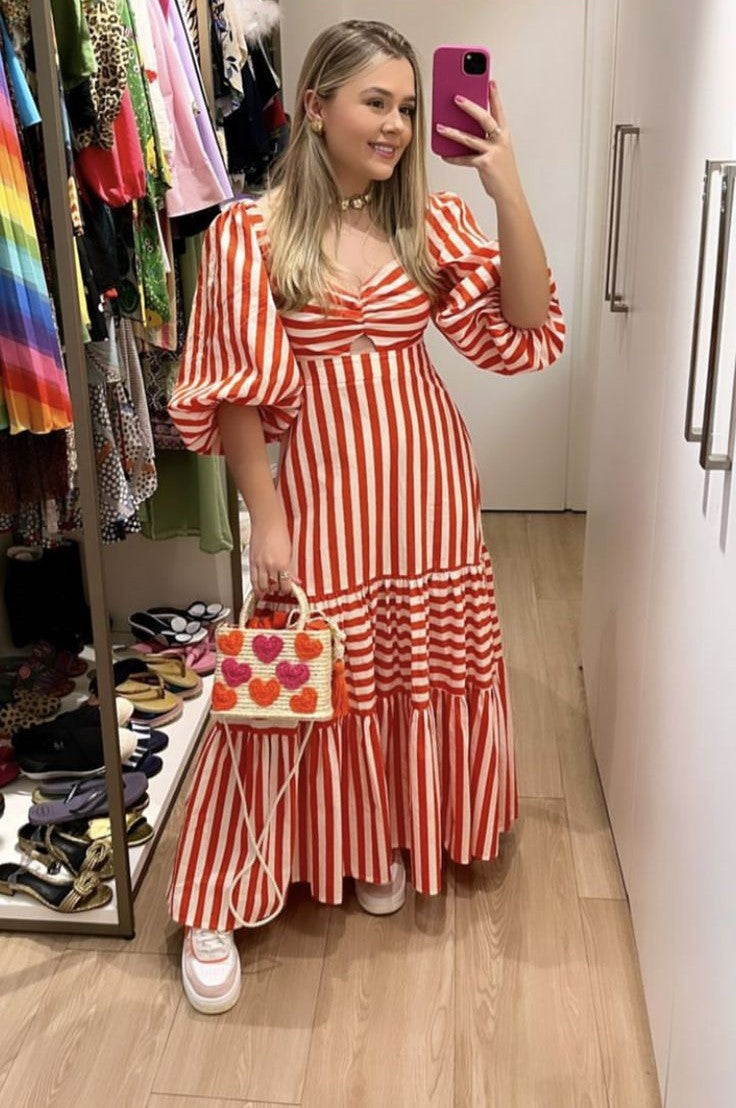 Women’s Striped Sweetheart Neck Fit & Flare Maxi Dress with Puff Sleeves