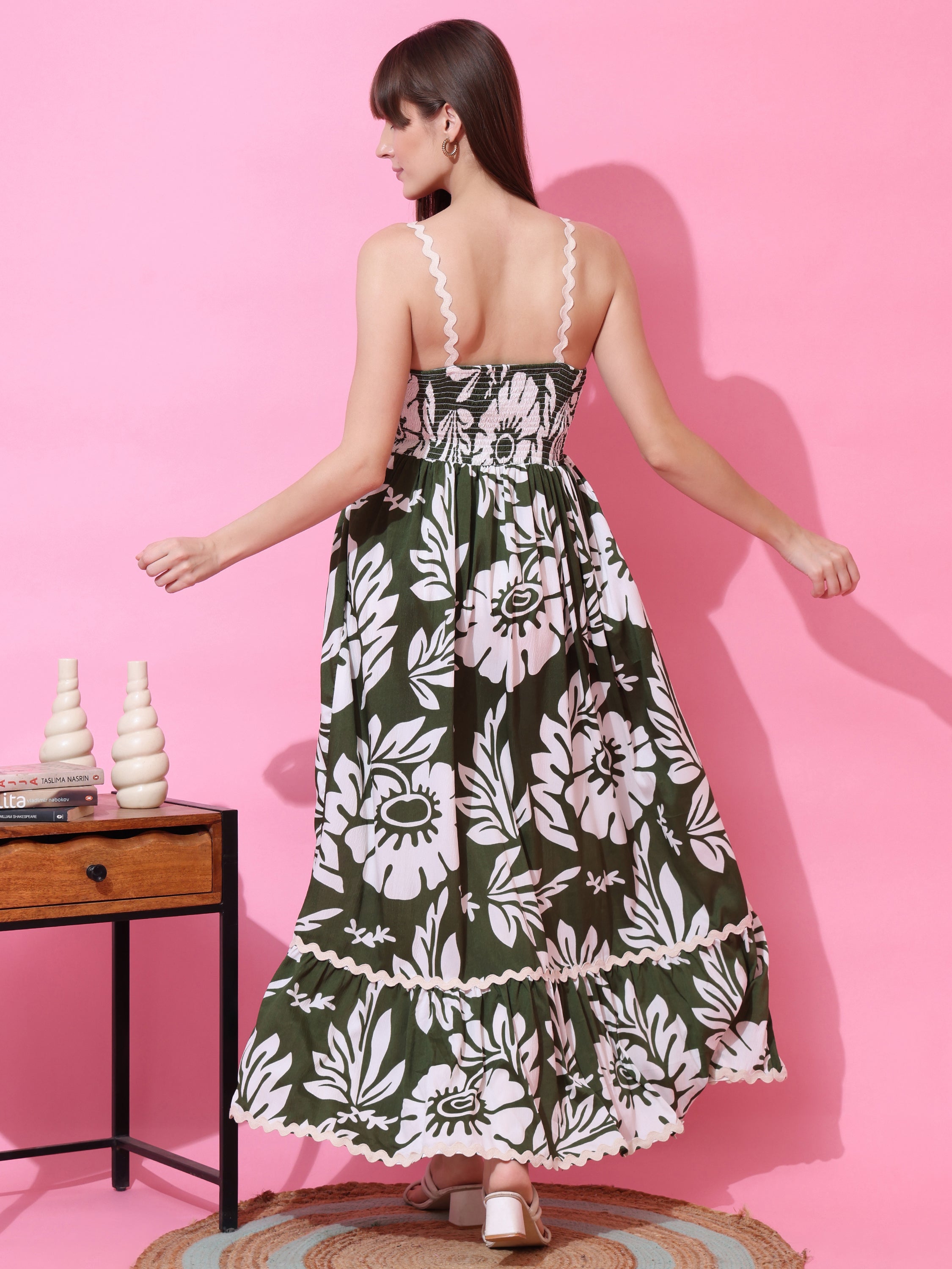 Fit & Flare Floral Shoulder Straps Maxi Dress With Strappy Sleeves