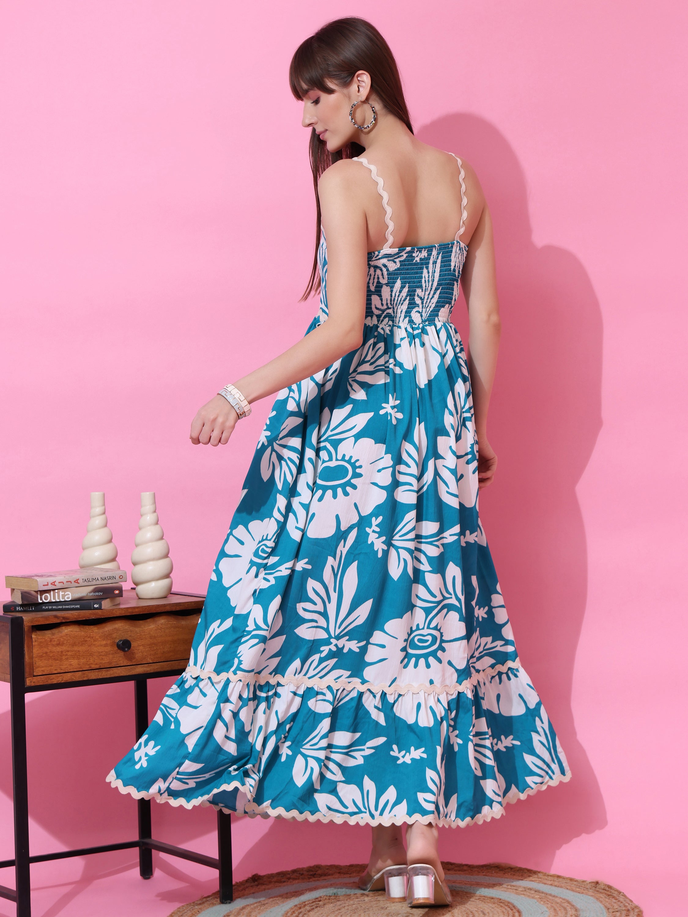 Fit & Flare Floral Shoulder Straps Maxi Dress With Strappy Sleeves