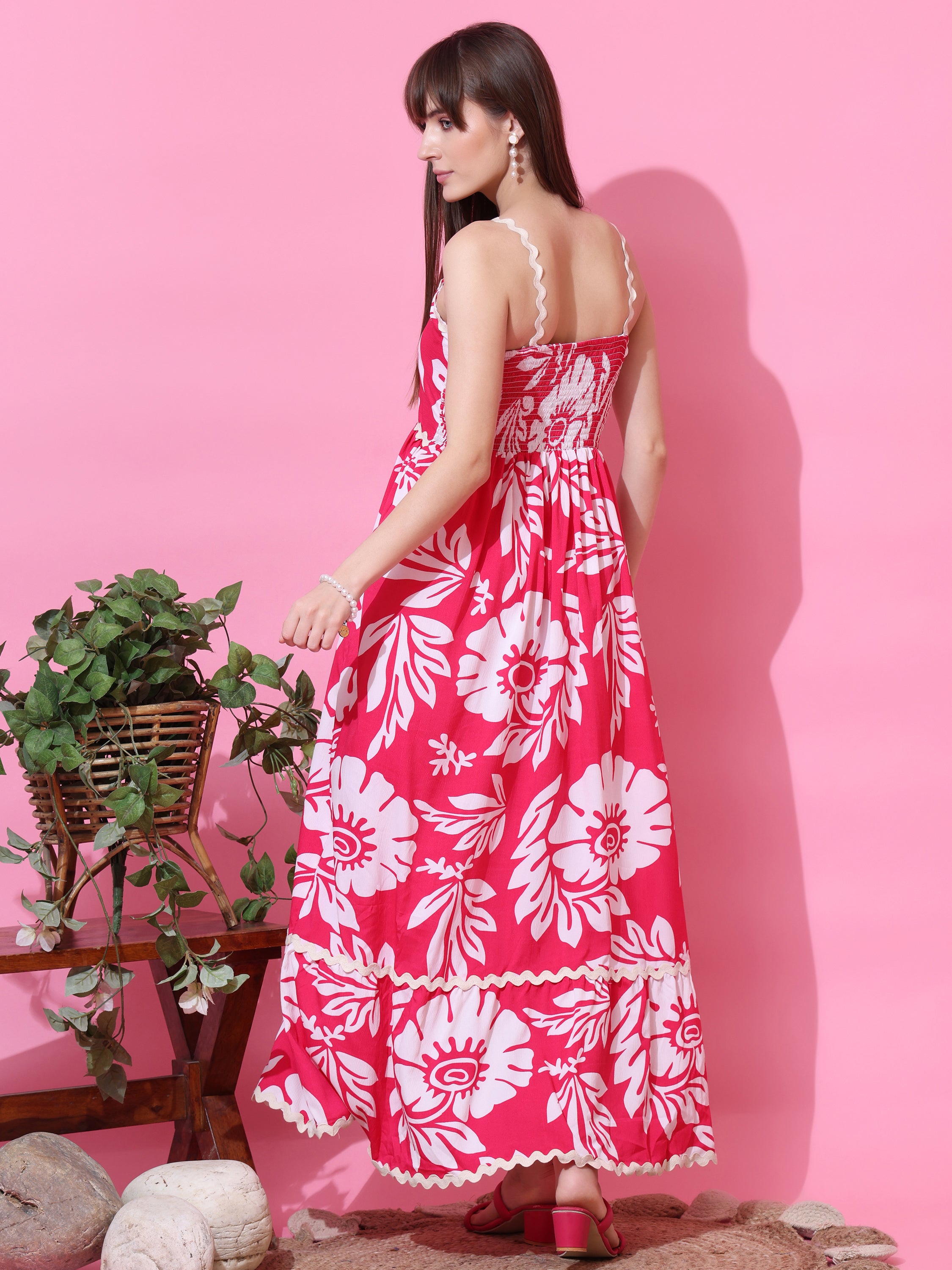 Fit & Flare Floral Shoulder Straps Maxi Dress With Strappy Sleeves