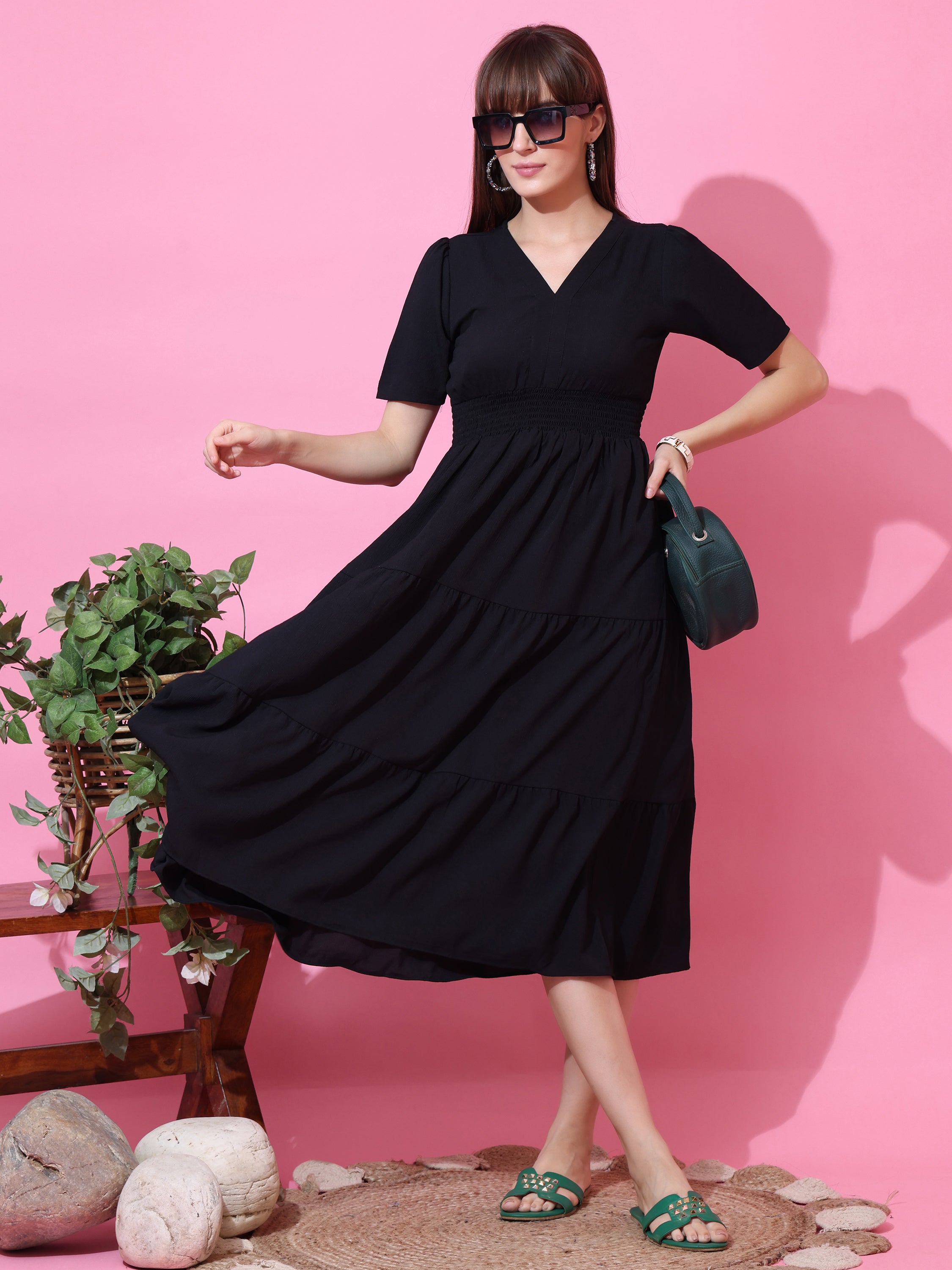 Black V Neck Fit & Flare Midi/Calf Length Dress