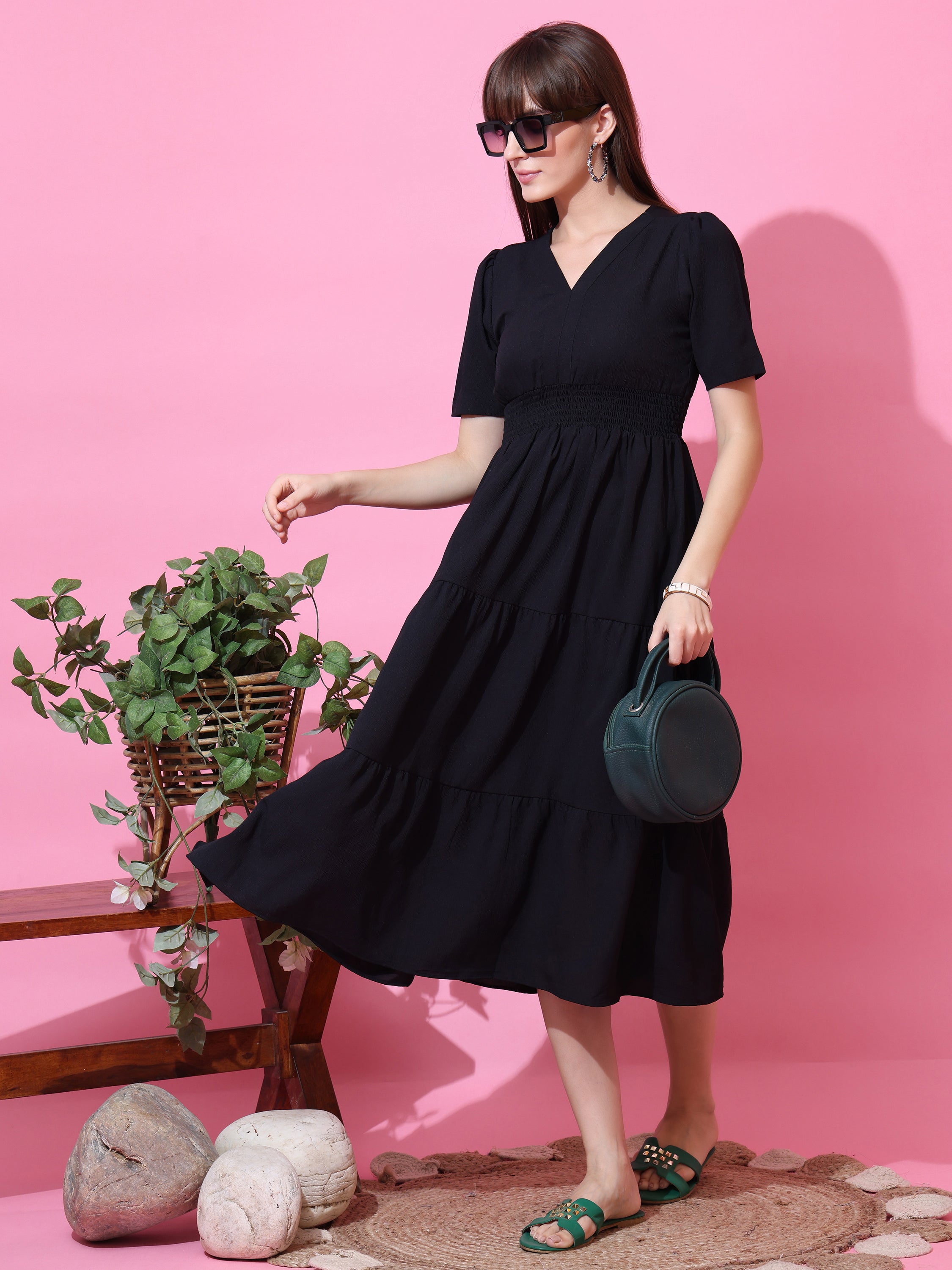 Black V Neck Fit & Flare Midi/Calf Length Dress