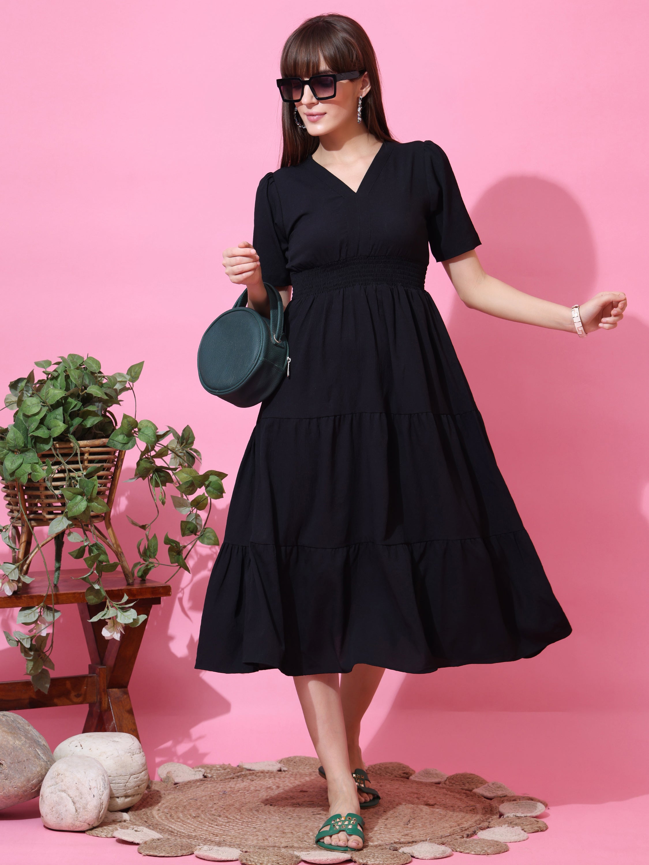 Black V Neck Fit & Flare Midi/Calf Length Dress