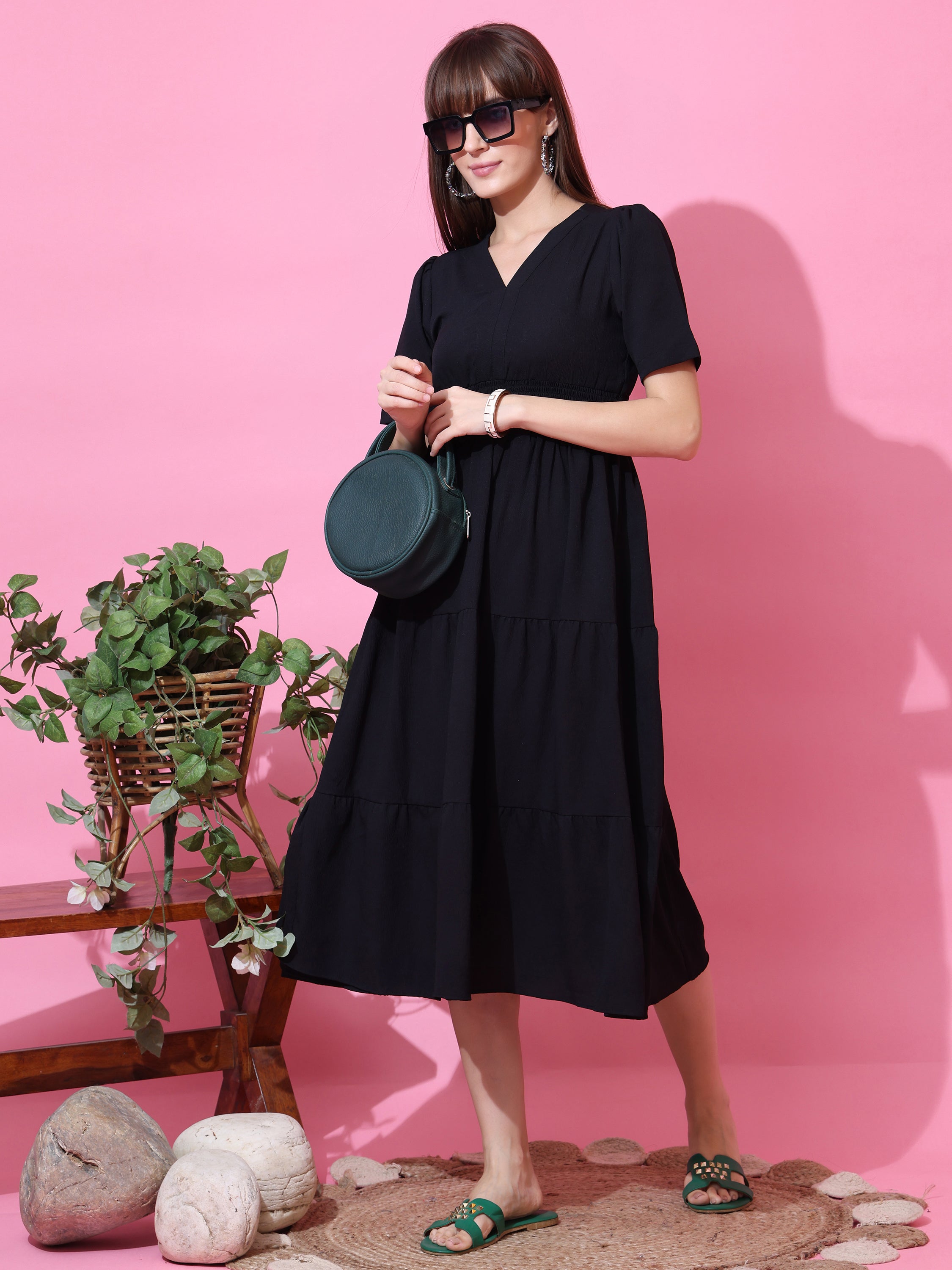 Black V Neck Fit & Flare Midi/Calf Length Dress