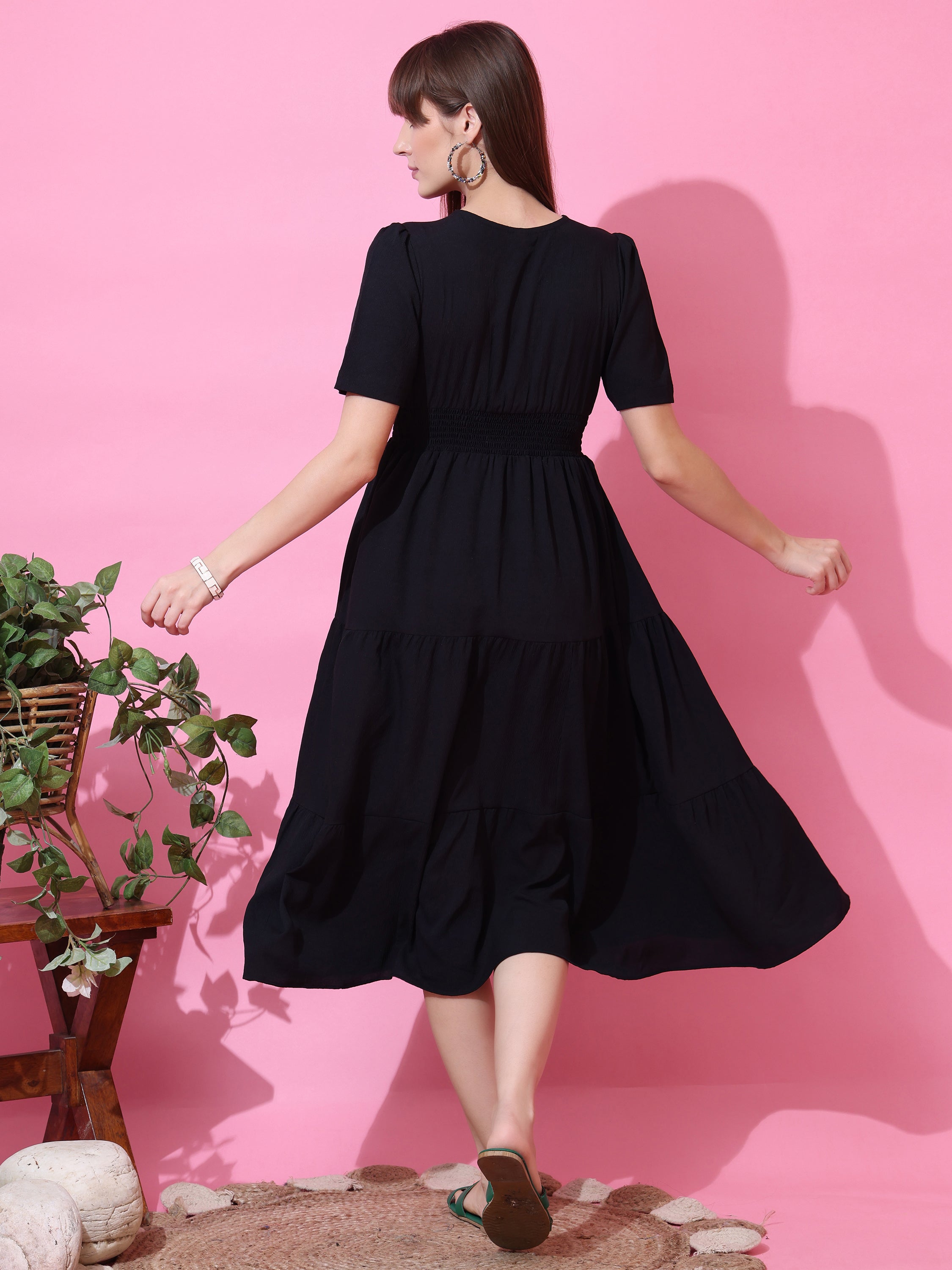 Black V Neck Fit & Flare Midi/Calf Length Dress