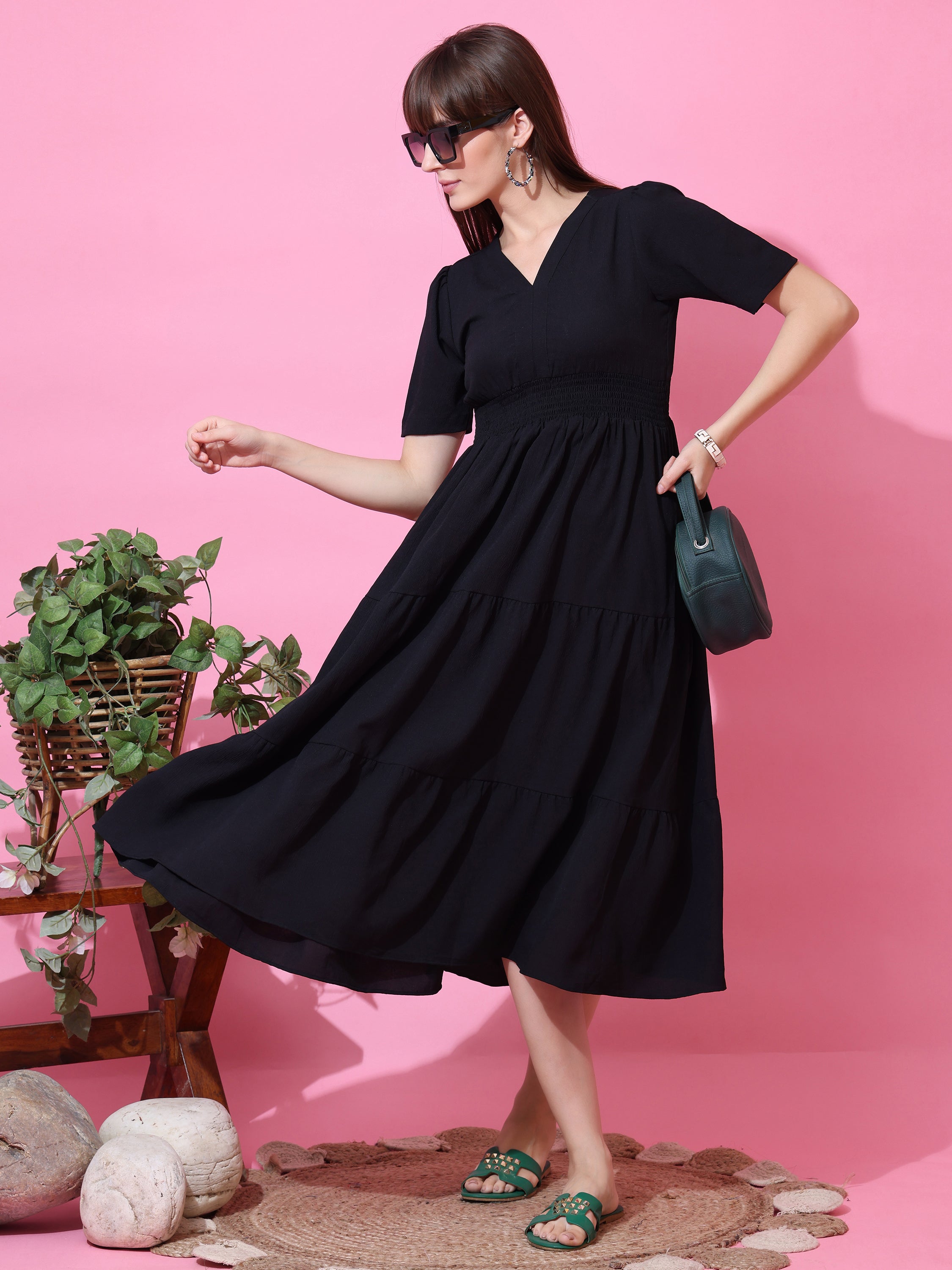 Black V Neck Fit & Flare Midi/Calf Length Dress