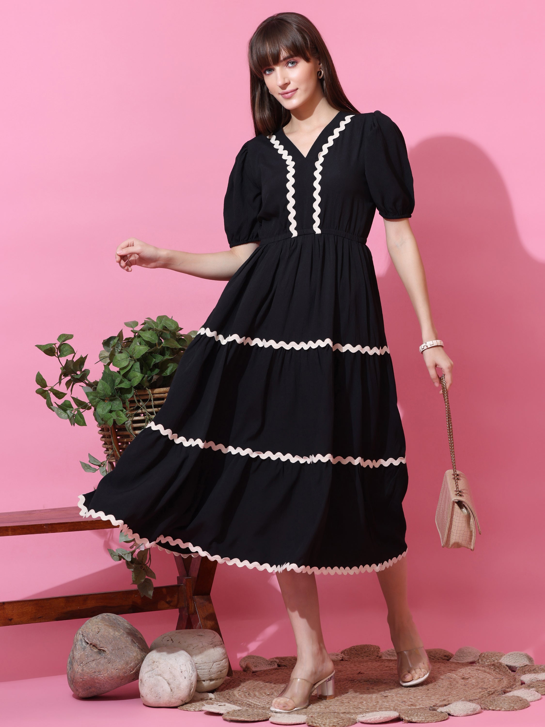 Solid Black Fit & Flare V Neck Dress With White Wavy Trim