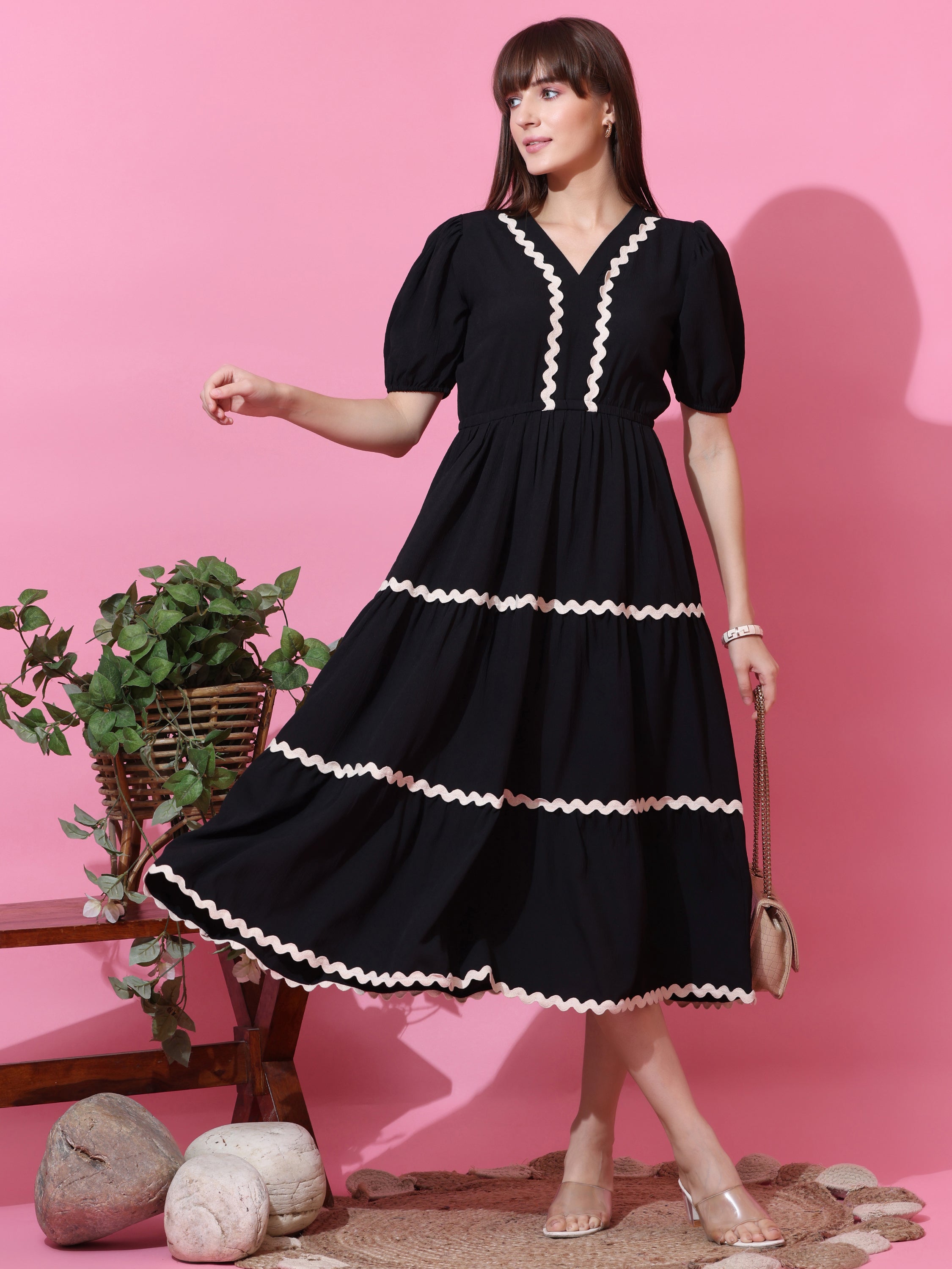 Solid Black Fit & Flare V Neck Dress With White Wavy Trim