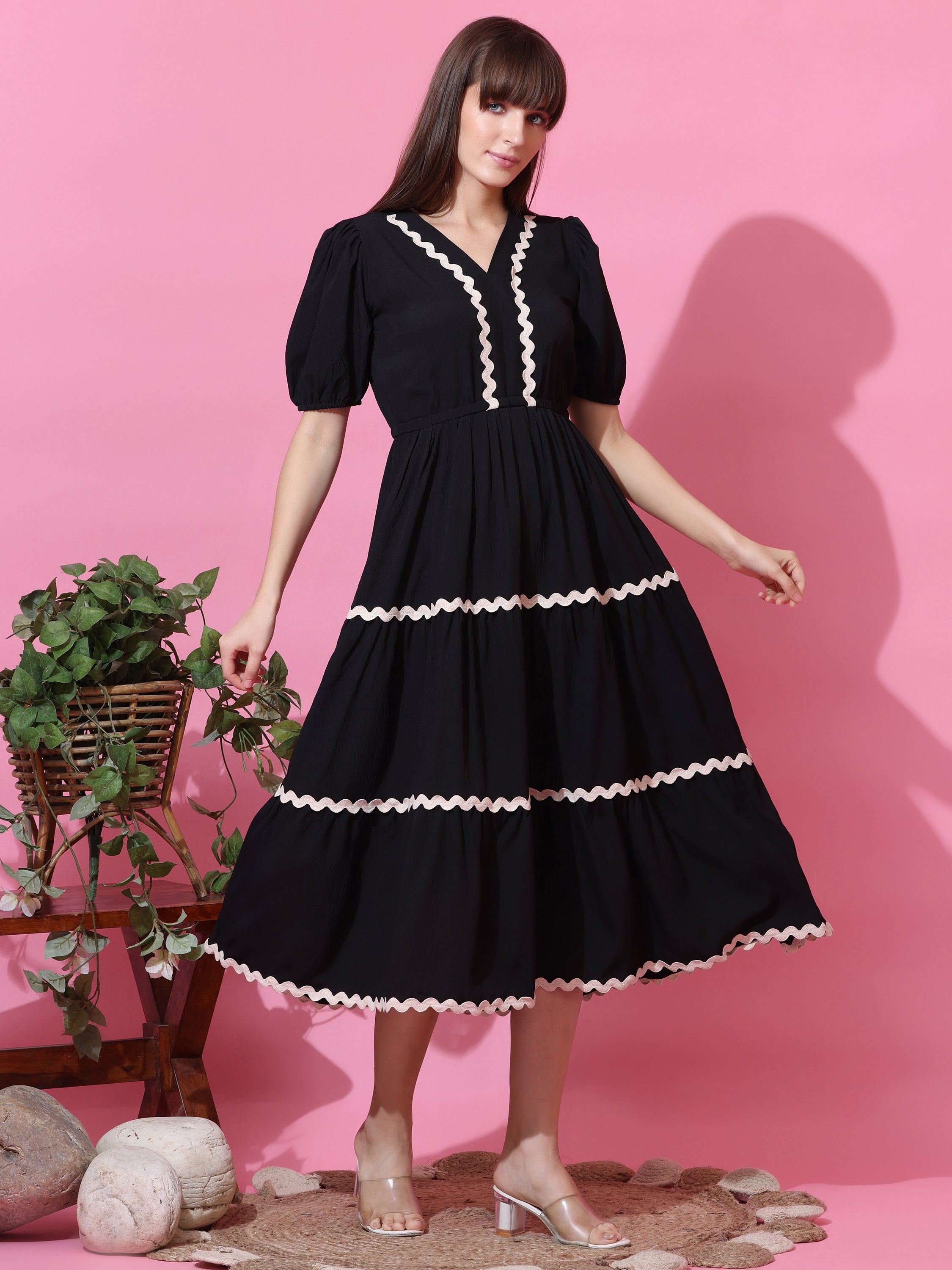 Solid Black Fit & Flare V Neck Dress With White Wavy Trim