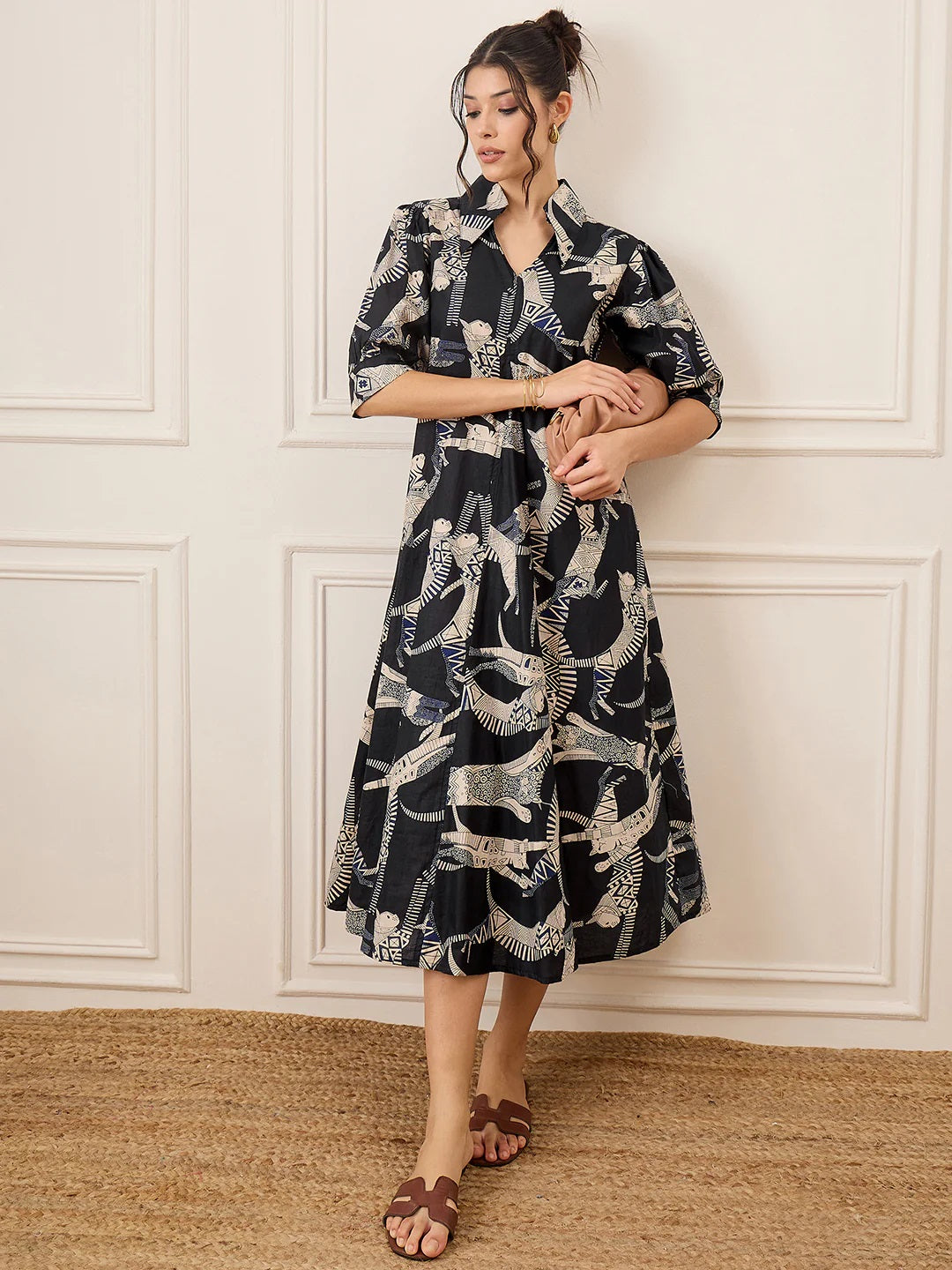 Women’s Black Cat Printed Shirt Collar Maxi Dress with 3/4 Sleeves