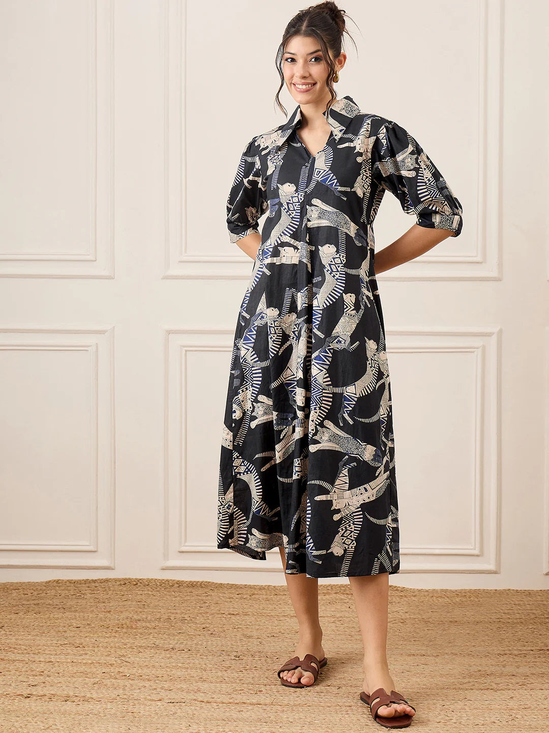 Women’s Black Cat Printed Shirt Collar Maxi Dress with 3/4 Sleeves