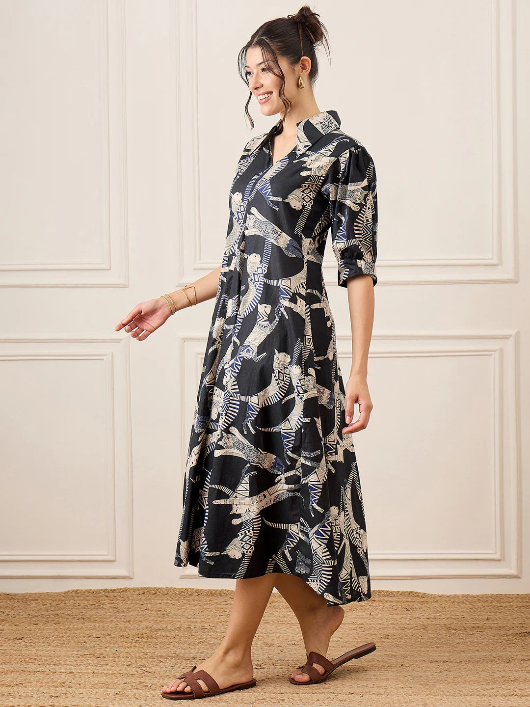Women’s Black Cat Printed Shirt Collar Maxi Dress with 3/4 Sleeves