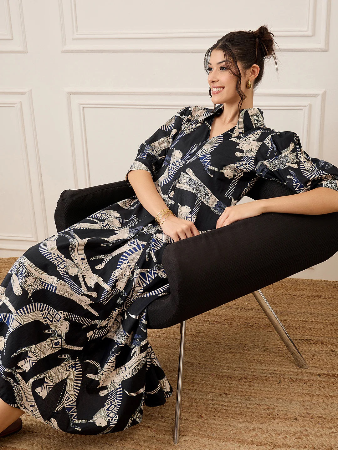 Women’s Black Cat Printed Shirt Collar Maxi Dress with 3/4 Sleeves