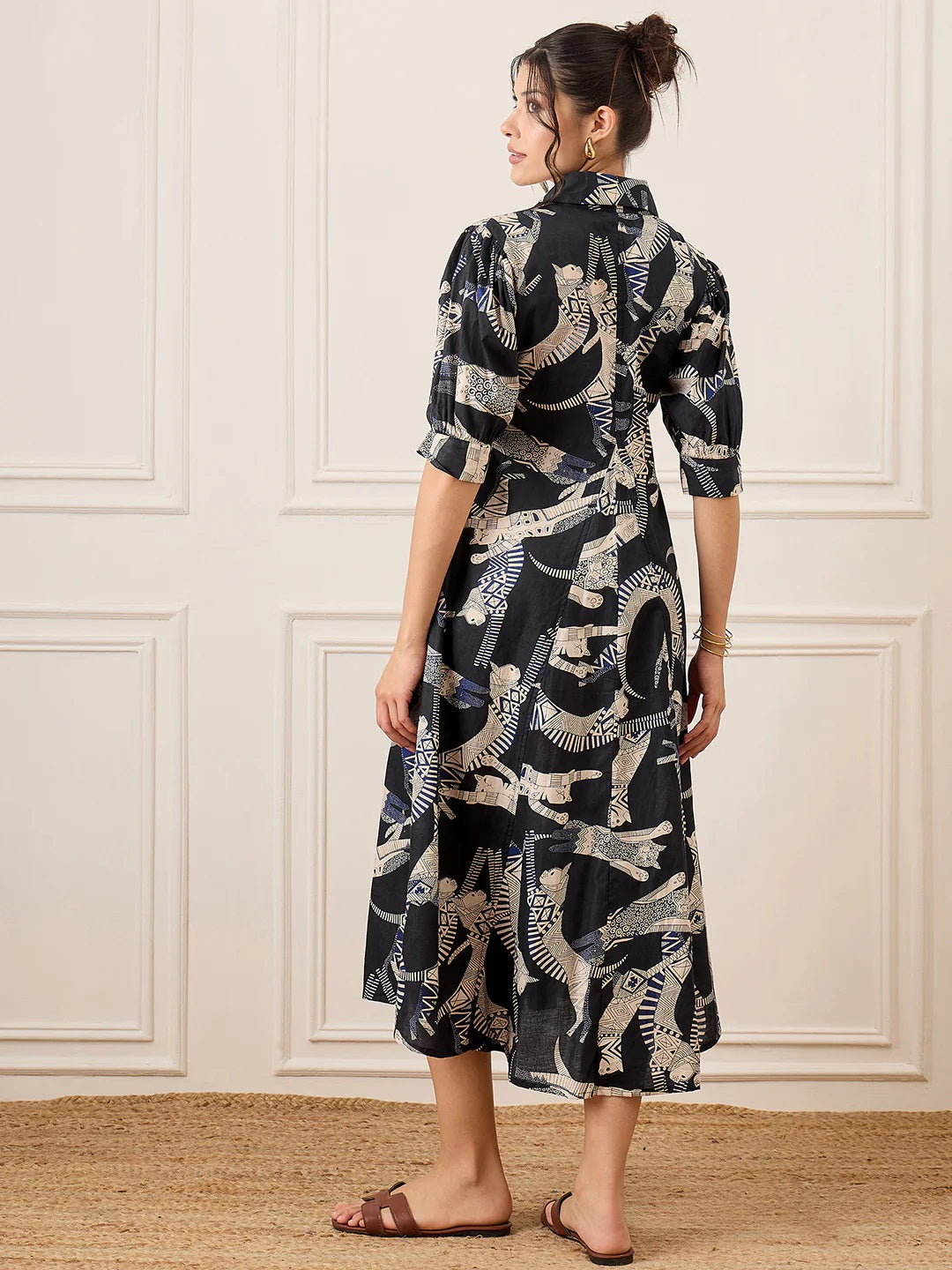 Women’s Black Cat Printed Shirt Collar Maxi Dress with 3/4 Sleeves