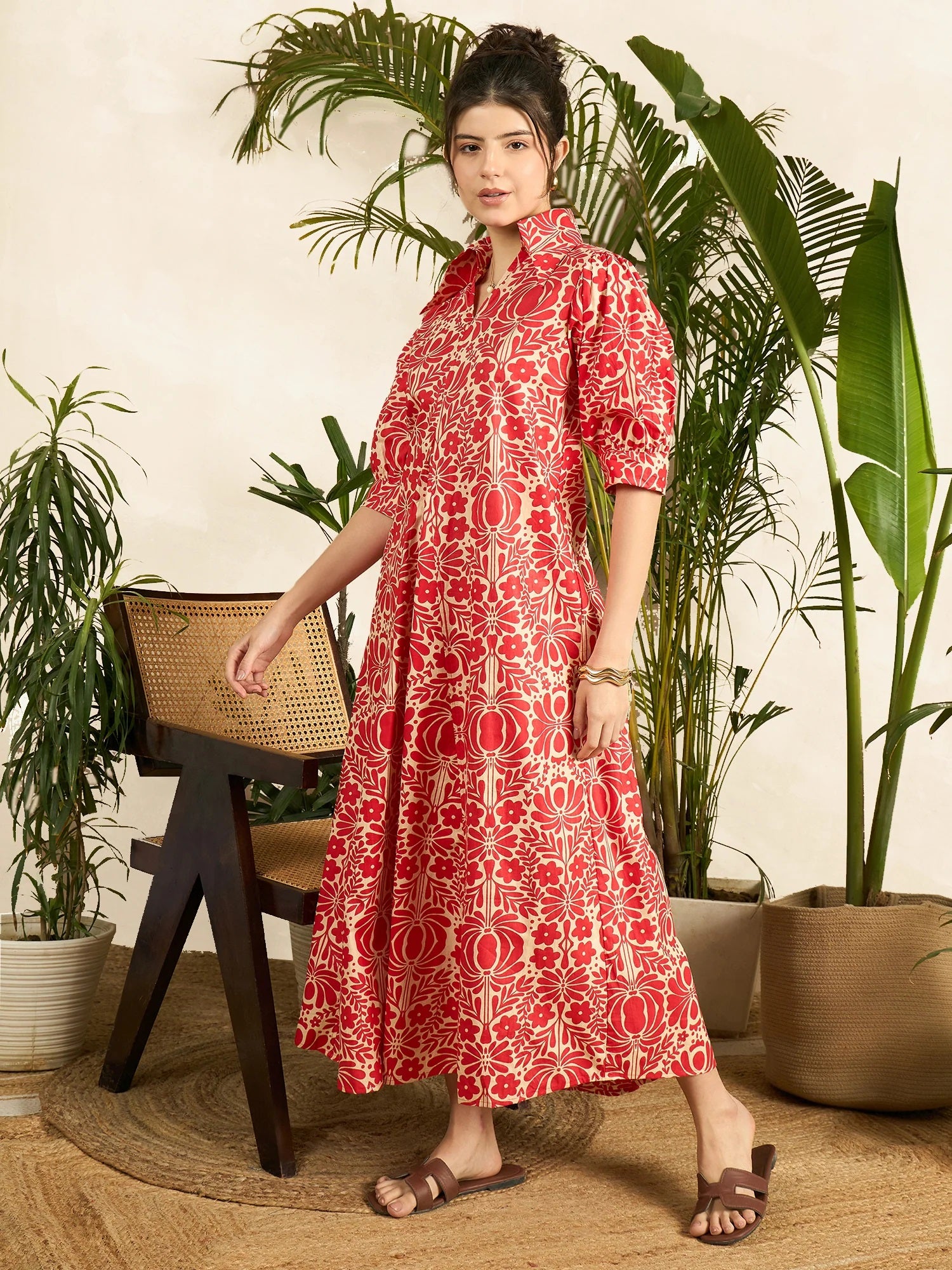 Women’s Red Floral Printed Shirt Collar Maxi Dress with 3/4 Sleeves