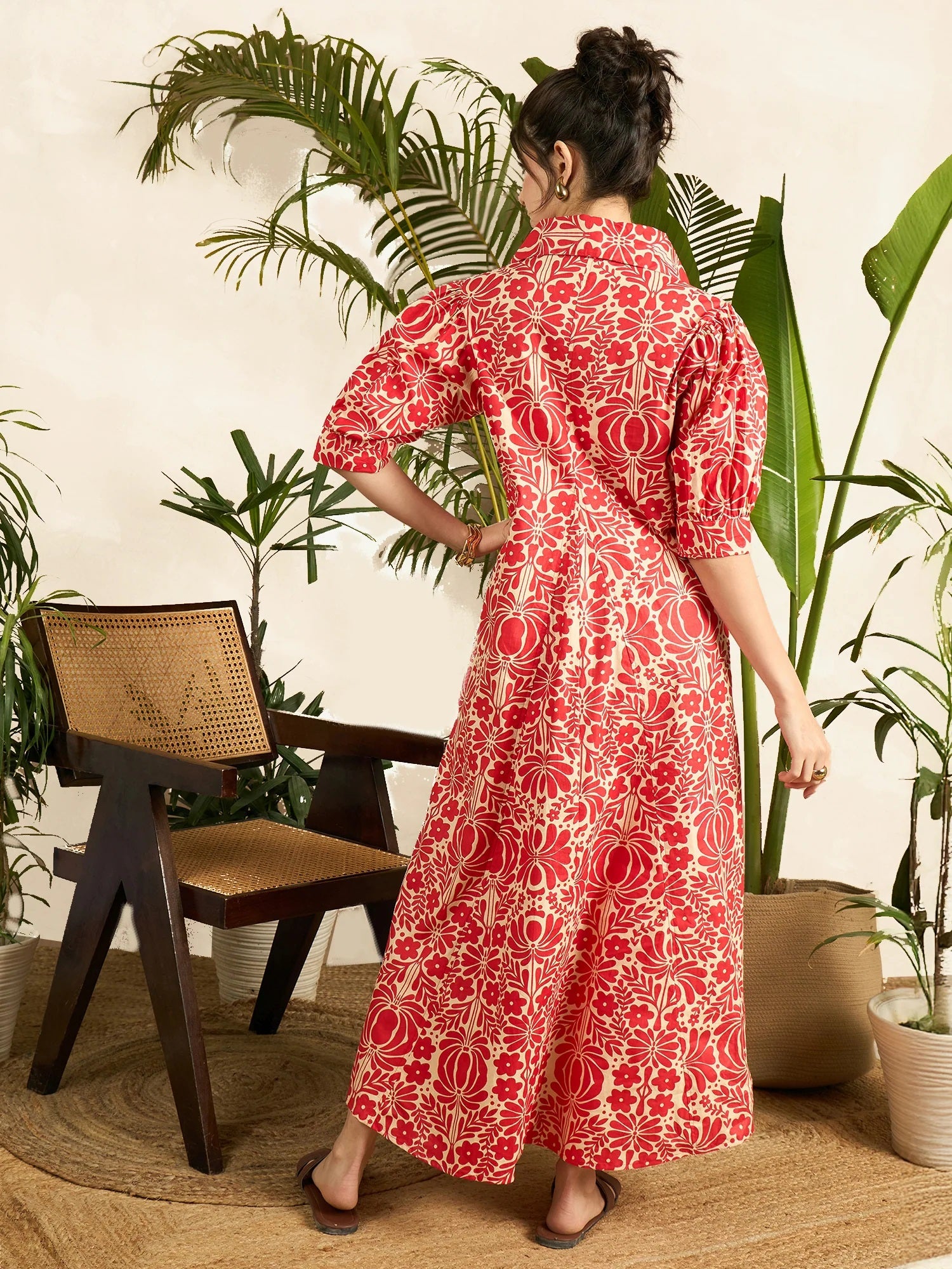Women’s Red Floral Printed Shirt Collar Maxi Dress with 3/4 Sleeves